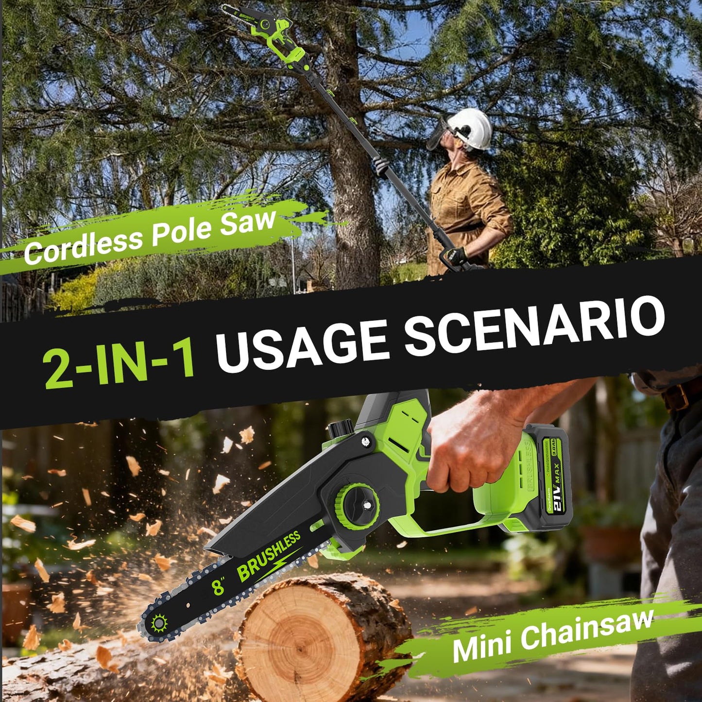 2-In-1 Cordless Electric Pole Saw for Tree Trimming, 8 Inch Chainsaw with 2 x 3000mAh Batteries, LCD Display, 15.6 FT Max Reach, 180° Adjustable Cutting Head for Tree Trimmer Limb Branch Cutter Pruner