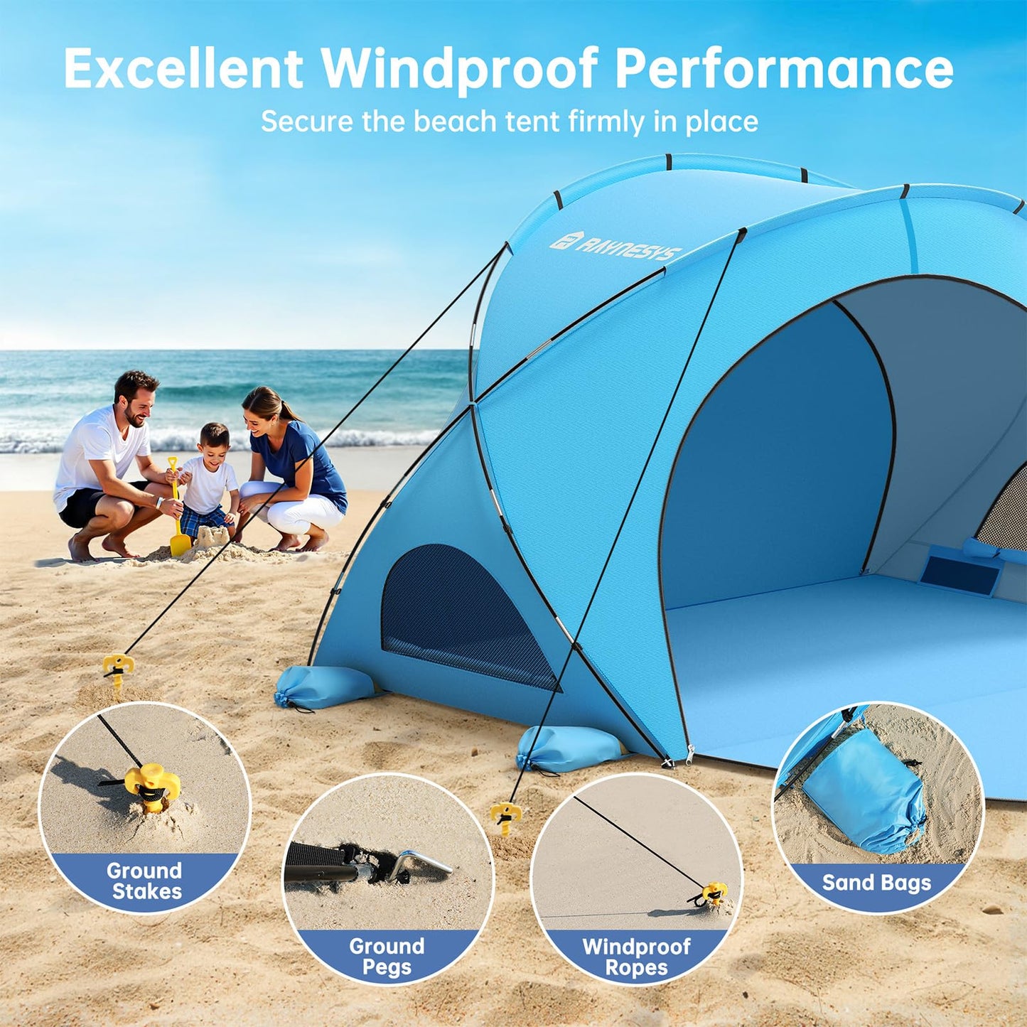 Raynesys Beach Tent Sun Shelter, Beach Shade Tent with UPF50+ UV Protection, Portable Sun Shelter for 1-3 Person, Shade Tents with 2 Zippered Doors for Sand Camping Fishing, Blue