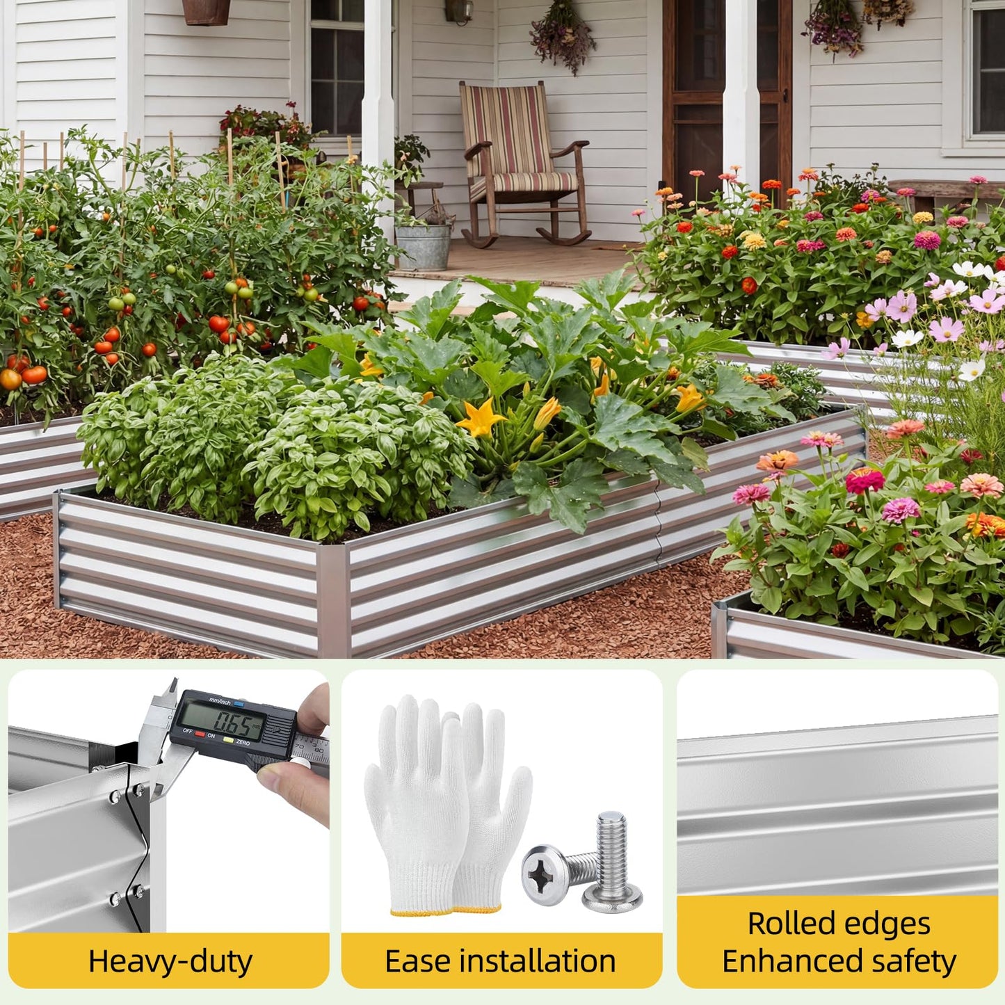 SUPERLELE 8x4x1ft Galvanized Raised Garden Bed, Thickened Metal Planter Box for Outdoor Vegetables & Flowers, Silver Large Garden Bed Kit, 96" L x 48" W x 12" H