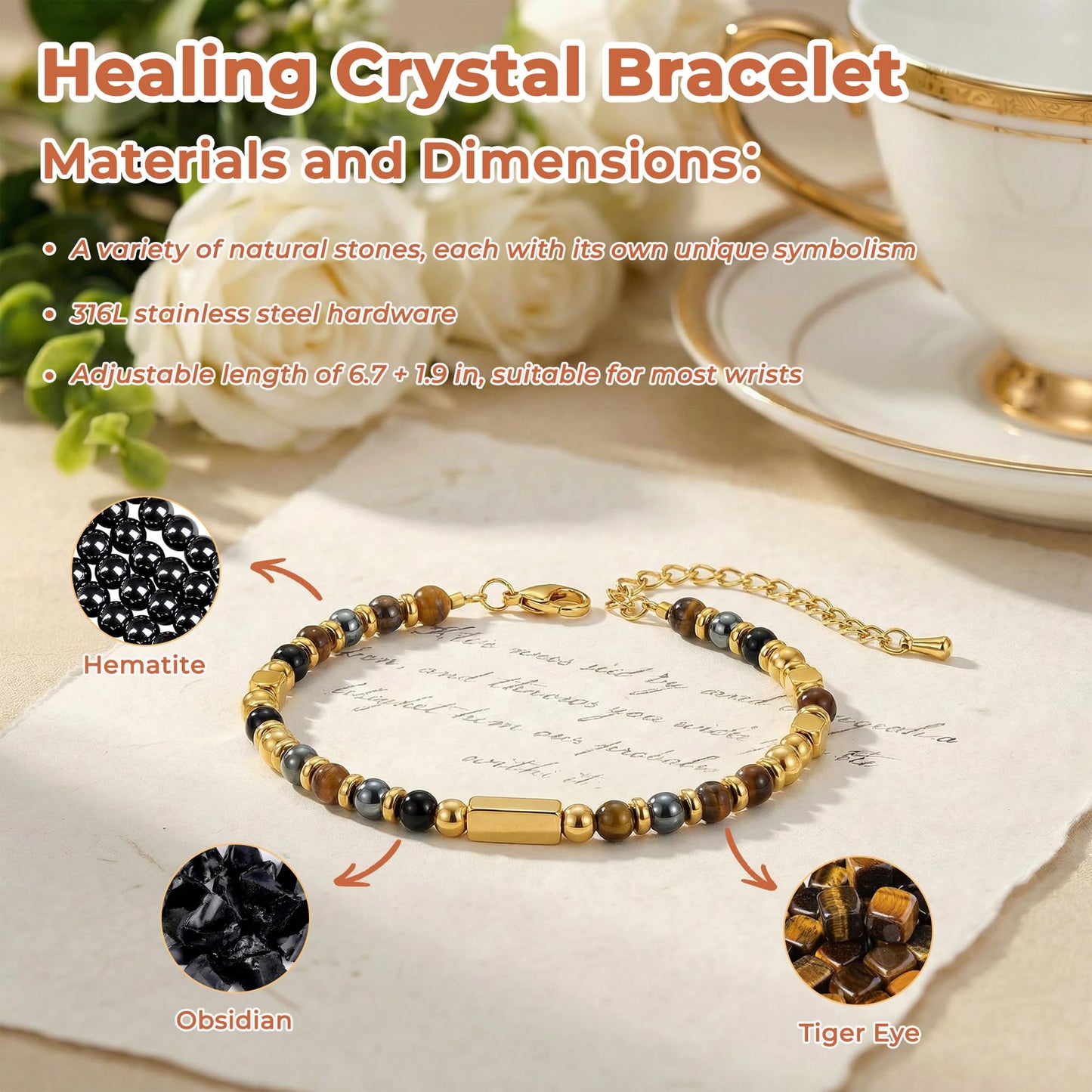 QINJIEJIE Protection Bracelet for Women Triple Protection Gifts Hematite Black Obsidian Tigers Eye Beads Crystal Bracelet Healing Worry Stone Gemstone Bracelet