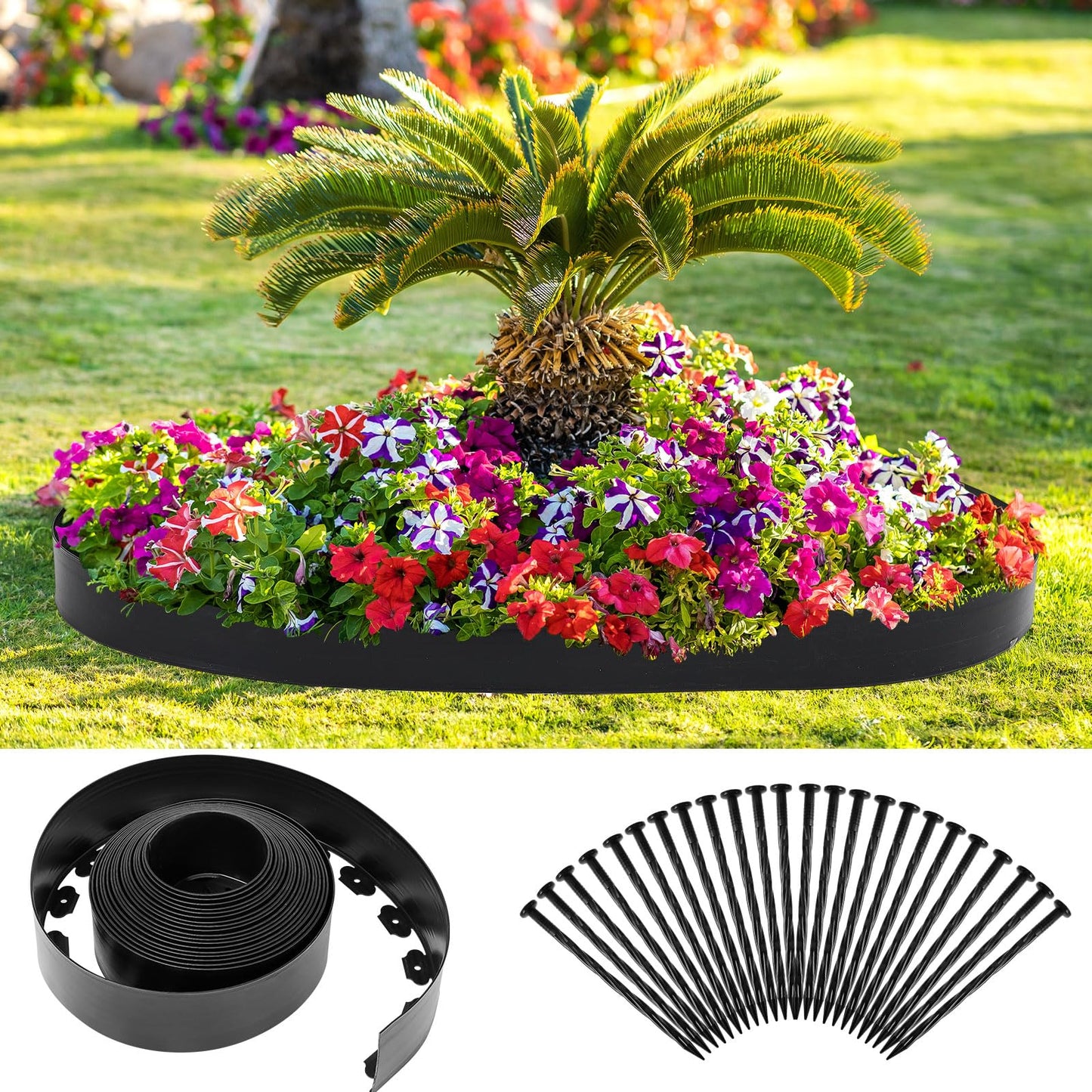 Sasylvia 6'' x 50' Landscape Edging Kit Plastic Garden Edging Border Include 45 Anchoring Spikes for Lawn Garden Grass Yard Home School, Black