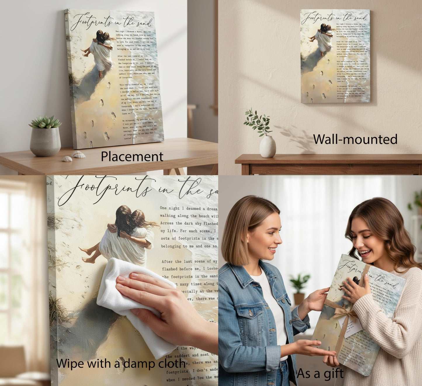 Footprints in the Sand Canvas Wall Art Chrisitan Inspirational Painting Picture Jesus Hugging Woman on Beach Poster Prints for Christian Women Living Room Bedroom Wall Decor 12x16in Framed