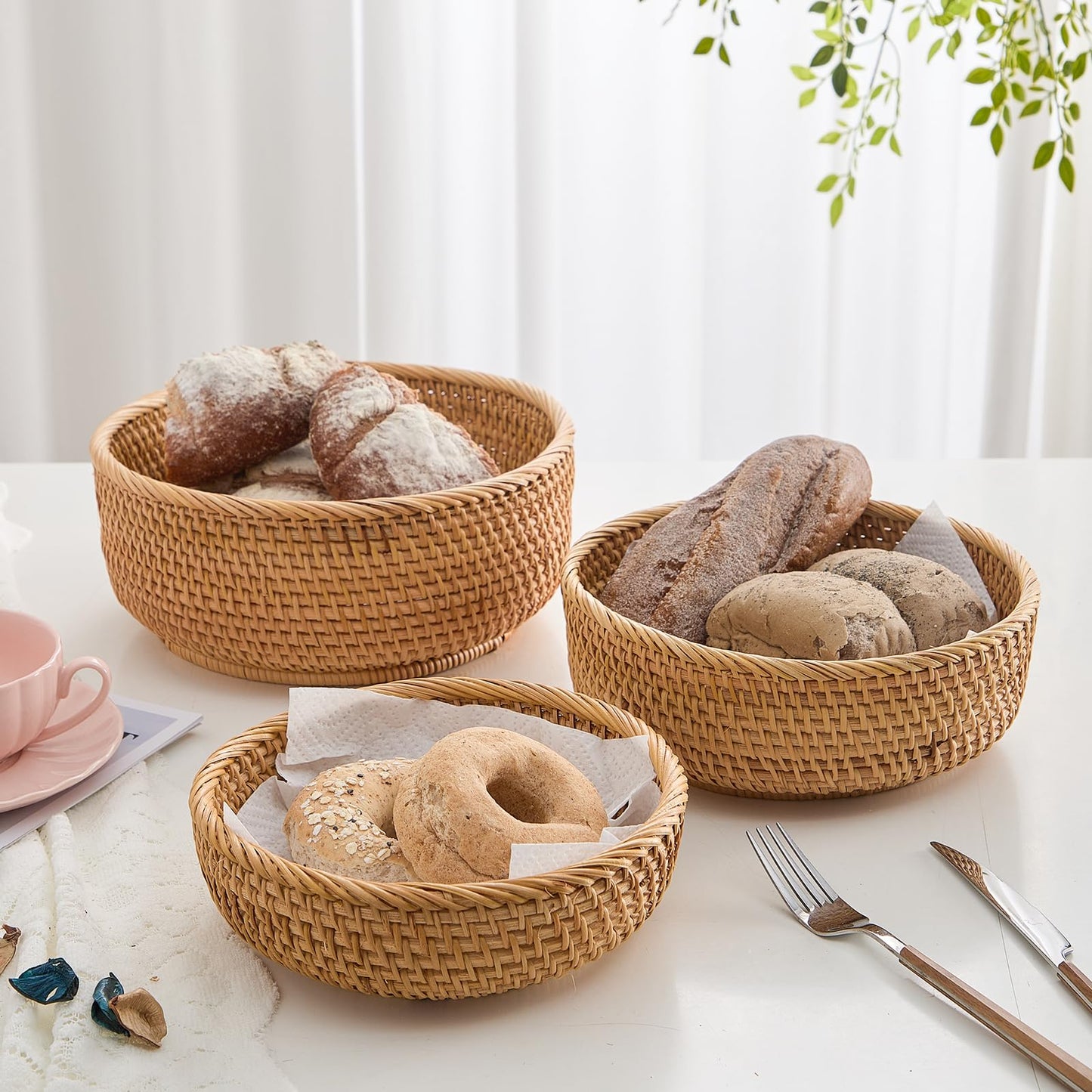 Hand-Woven Stackable Rattan Basket, Set of 3, Fruit Bread Serving Bowls, for Farmhouse Kitchen Storage & Decor