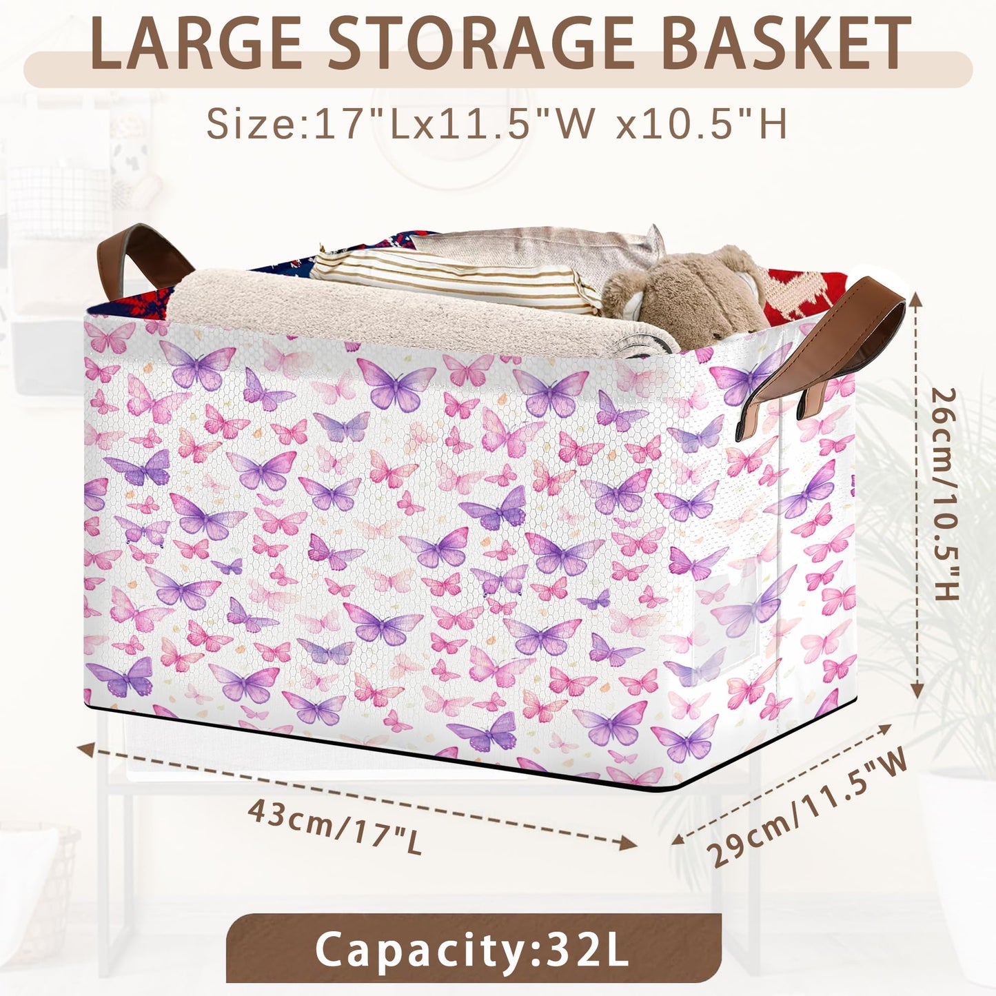 Purple Butterfly Pattern Collapsible Storage Box - 17x11.5x10.5 Inch Foldable Organizer for Closet, Toy Storage - Space-Saving Single Pack