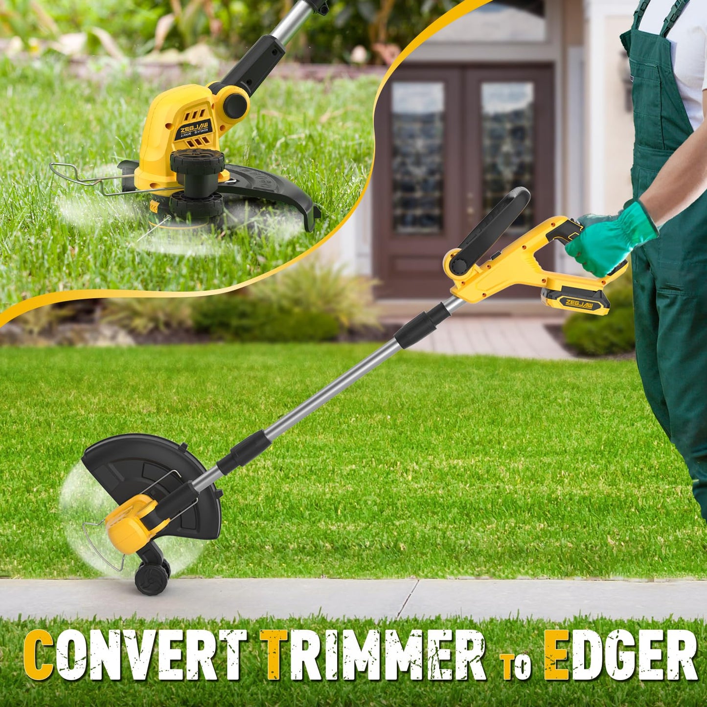 ZEGJAW 12 Inch 20V Cordless String Trimmer and Edger, 2-in-1 Weed Wacker Lawn Edger with 2x2.0Ah Battery and Charger, Battery Powered Grass Cutter with Auto Line Feed and 8pcs Line for Yard, Garden