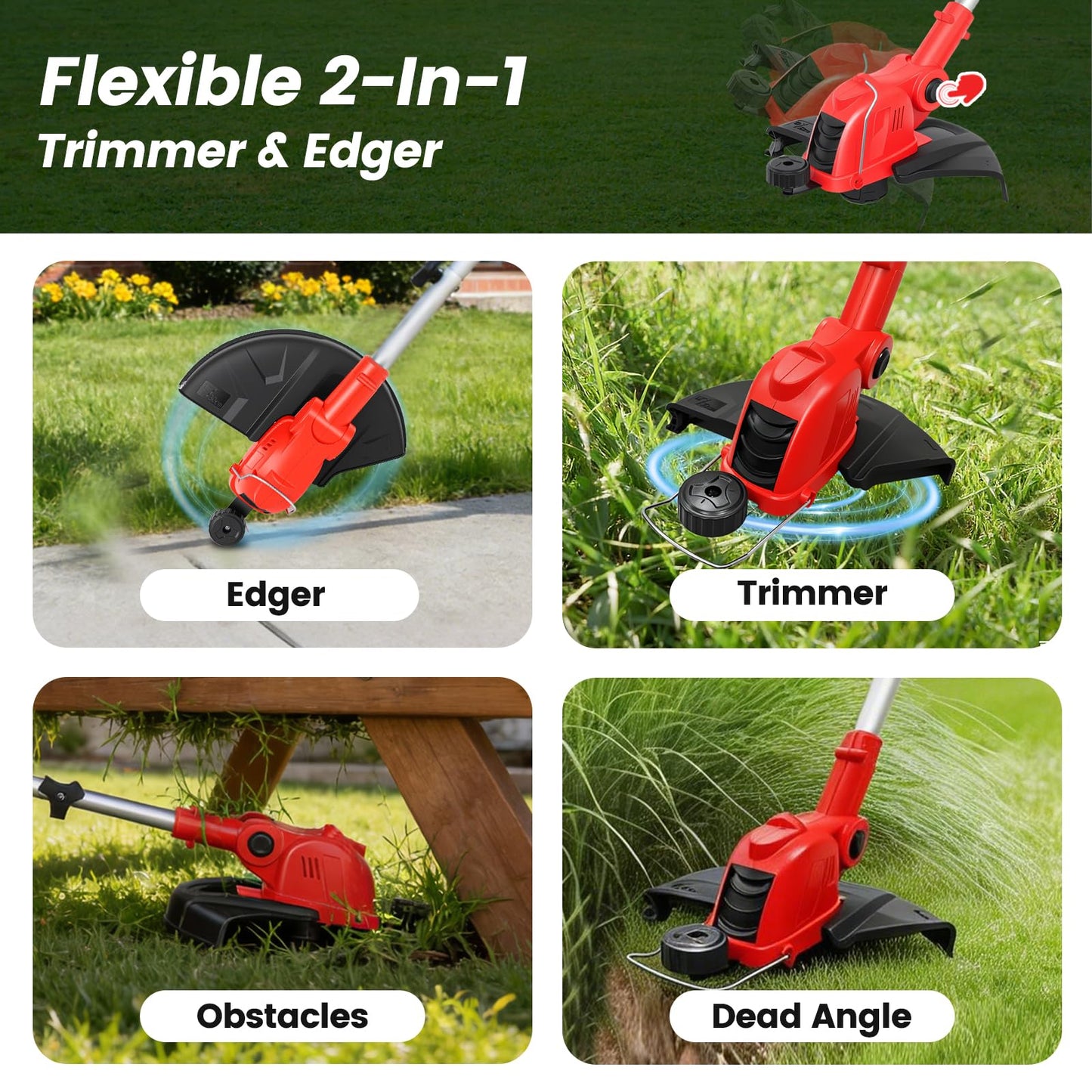 ALSO GO 21V Cordless String Trimmer, 2 * 2.5Ah Battery with Fast Charger, 12'' Weed Wacker with Auto Line Feed, 2-in-1 Weed Eater Battery Powered & Edger Lawn Tool with 10 Lines for Yard & Garden