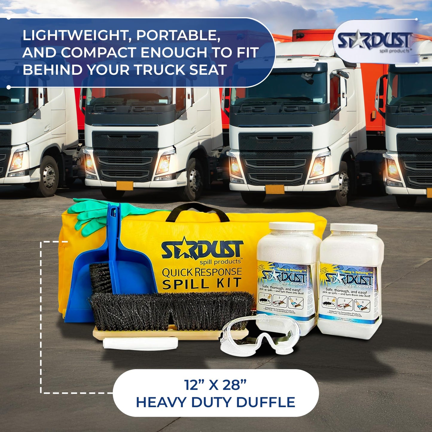 STARDUST Spill Products D710 Comprehensive Quick Response Spill Kits for Vehicles with Heavy Duty Duffle, (2) 5-Quart Dispenser, PPE Kit, Broom Head, Broom Handle, Dust Pan, (10) Disposal Bags