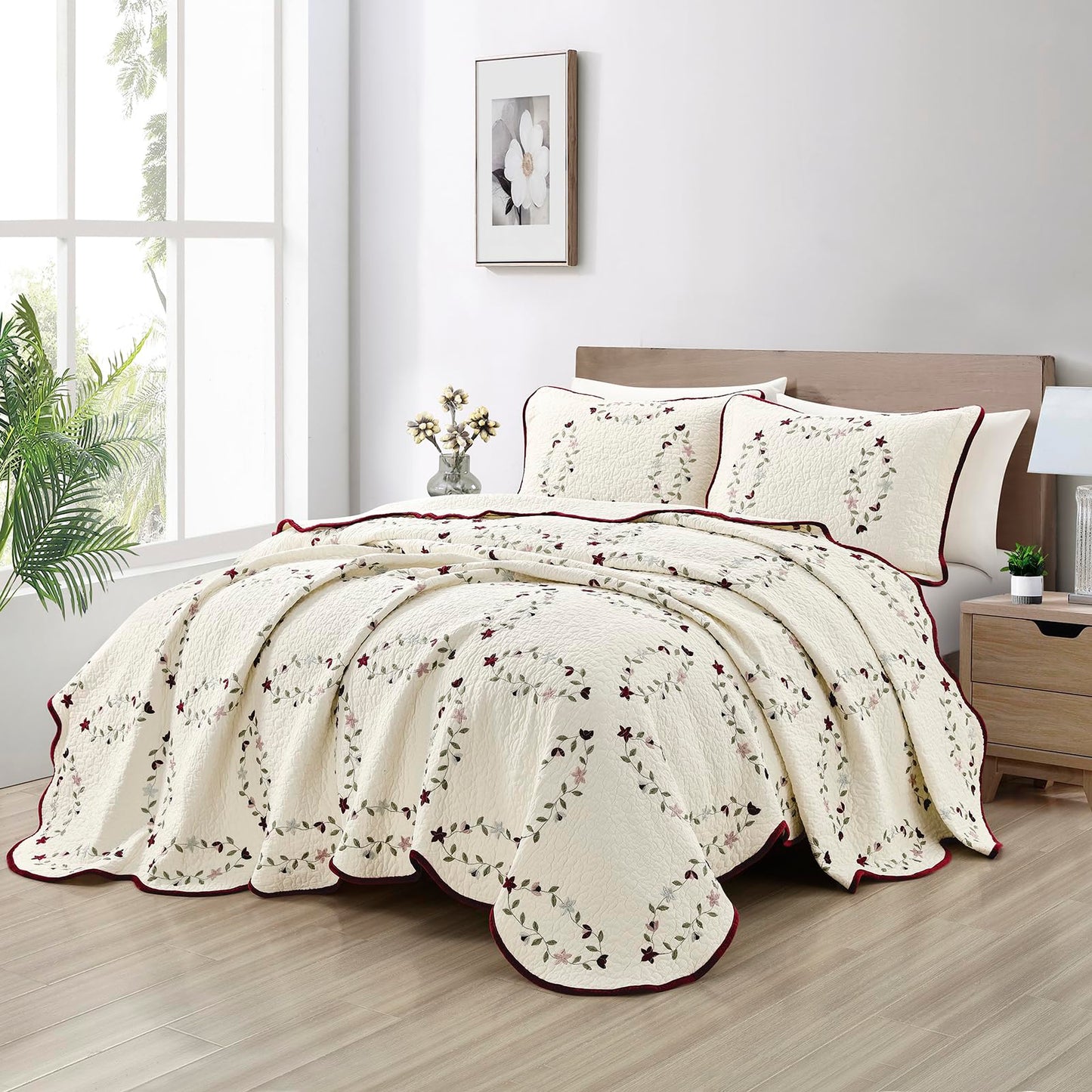 Sunshine Nicole Embroidery Quilt Set, Cotton Material and Filling, with Tranditional Embroidery Patten, 3 Pieces Queen Set, Prewashed