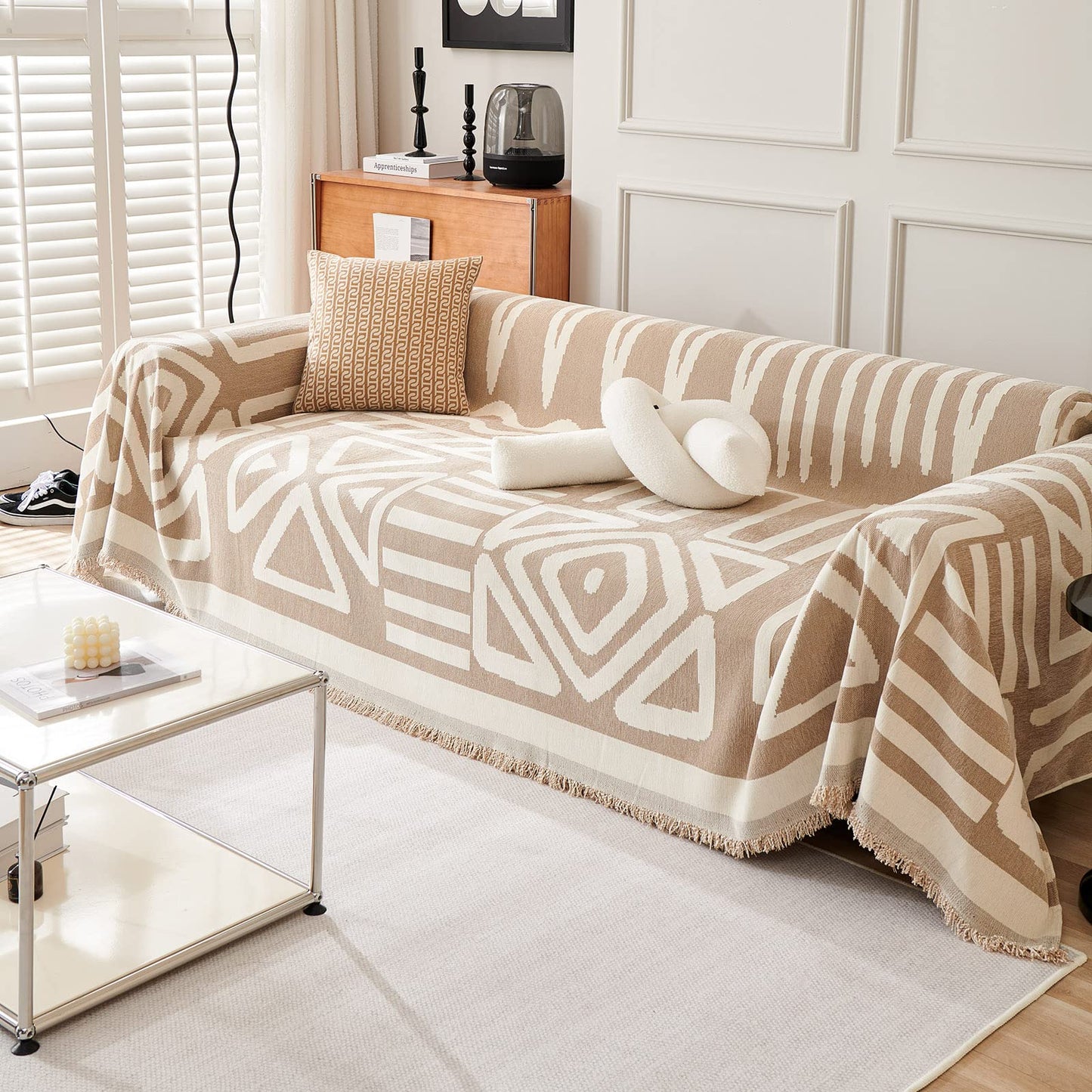 VClife Boho Couch Covers for Sofa Aztec Geometric Patterned Couch Slipcover for Dog, Non Slip Washable Sectional Sofa Cover for 2 Cushion Couch Heavy Duty Furniture Slip Covers, Beige, 71''x118''