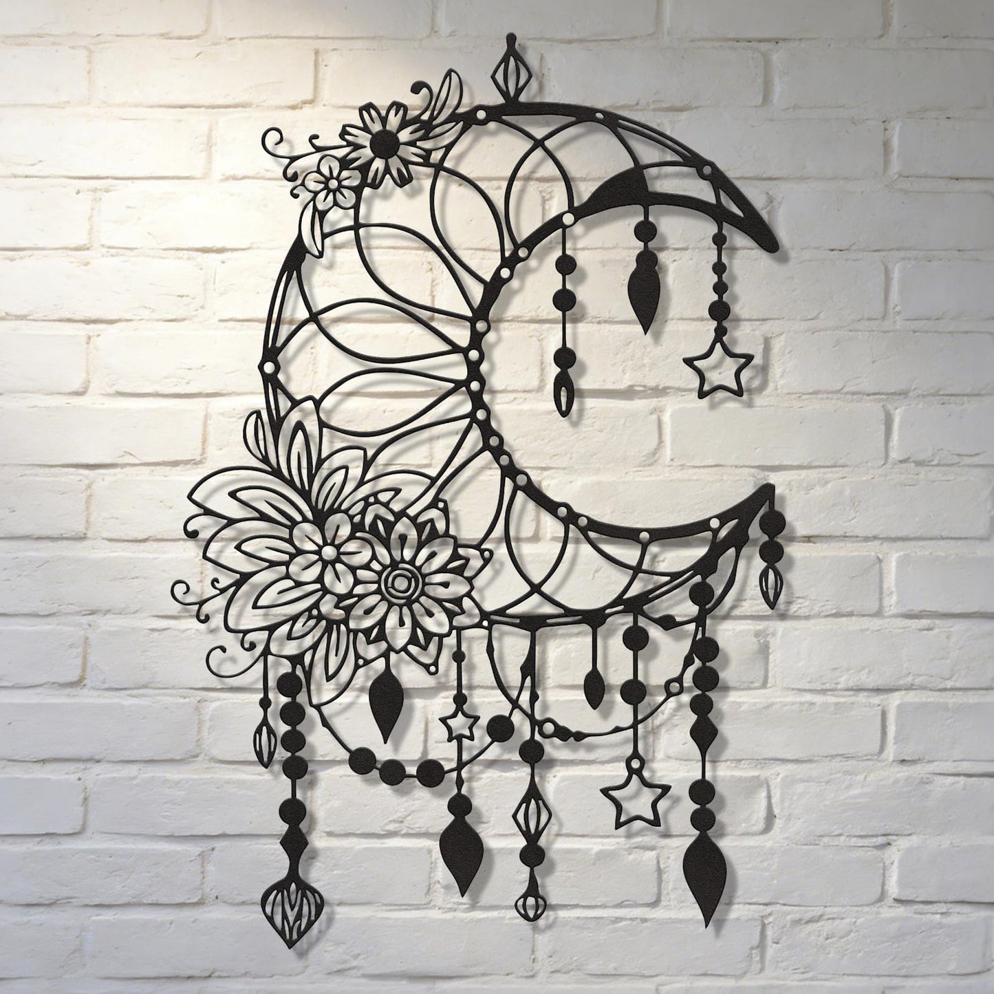 SYDERWE Metal Wall Art, Matte Black Moon Phase Decor, Celestial Bedroom Decor with Floral and Hanging Stars, Indoor & Outdoor
