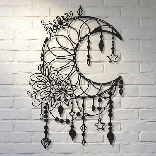 SYDERWE Metal Wall Art, Matte Black Moon Phase Decor, Celestial Bedroom Decor with Floral and Hanging Stars, Indoor & Outdoor