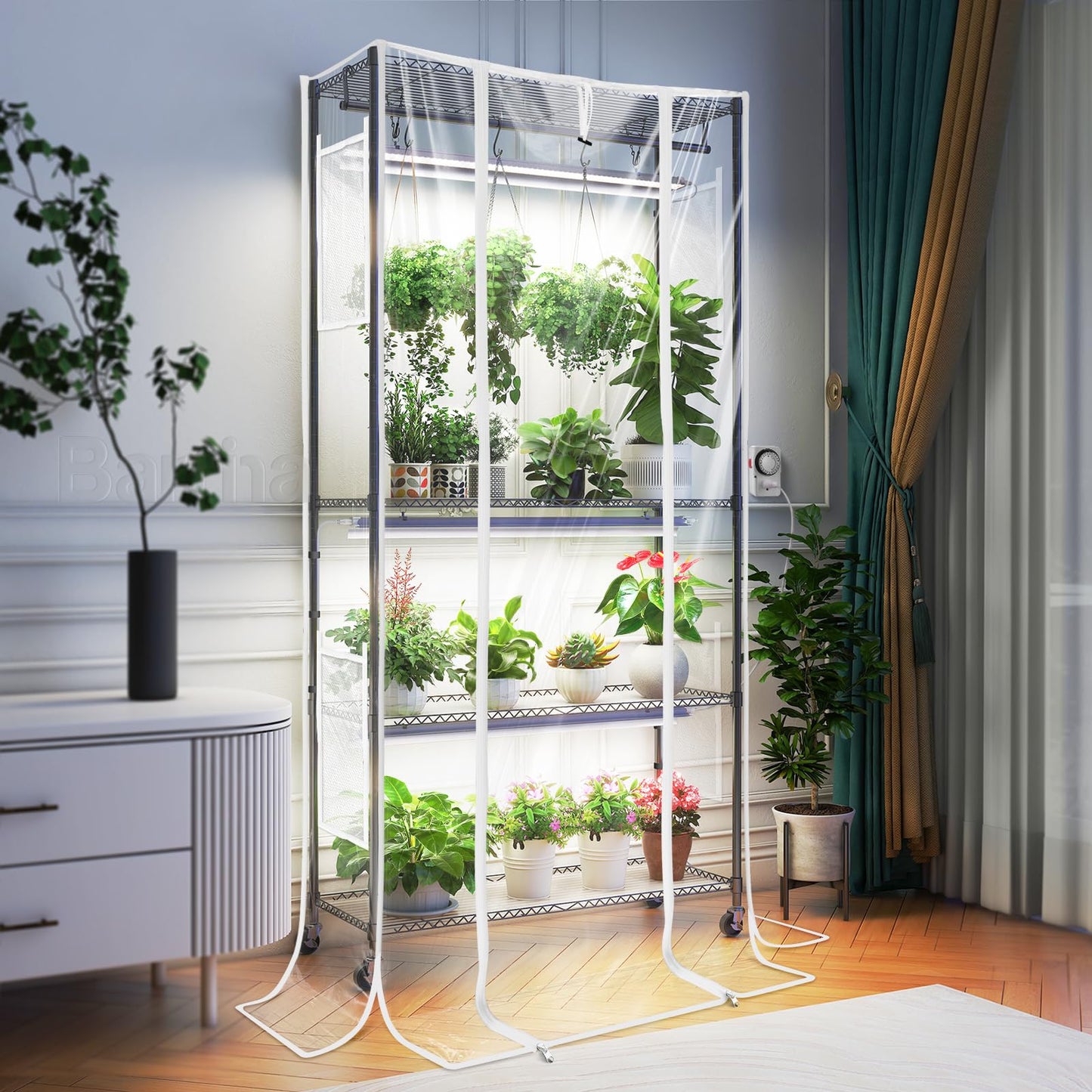 Barrina CX3Z Indoor Greenhouse with Grow Light, Full Spectrum 3FT 108W Plant Growing Lamp, 4-Tier Metal Plant Stand with Zippered EVA Cover, Wheels & Timer, 35.4"x13.8"x70.9"