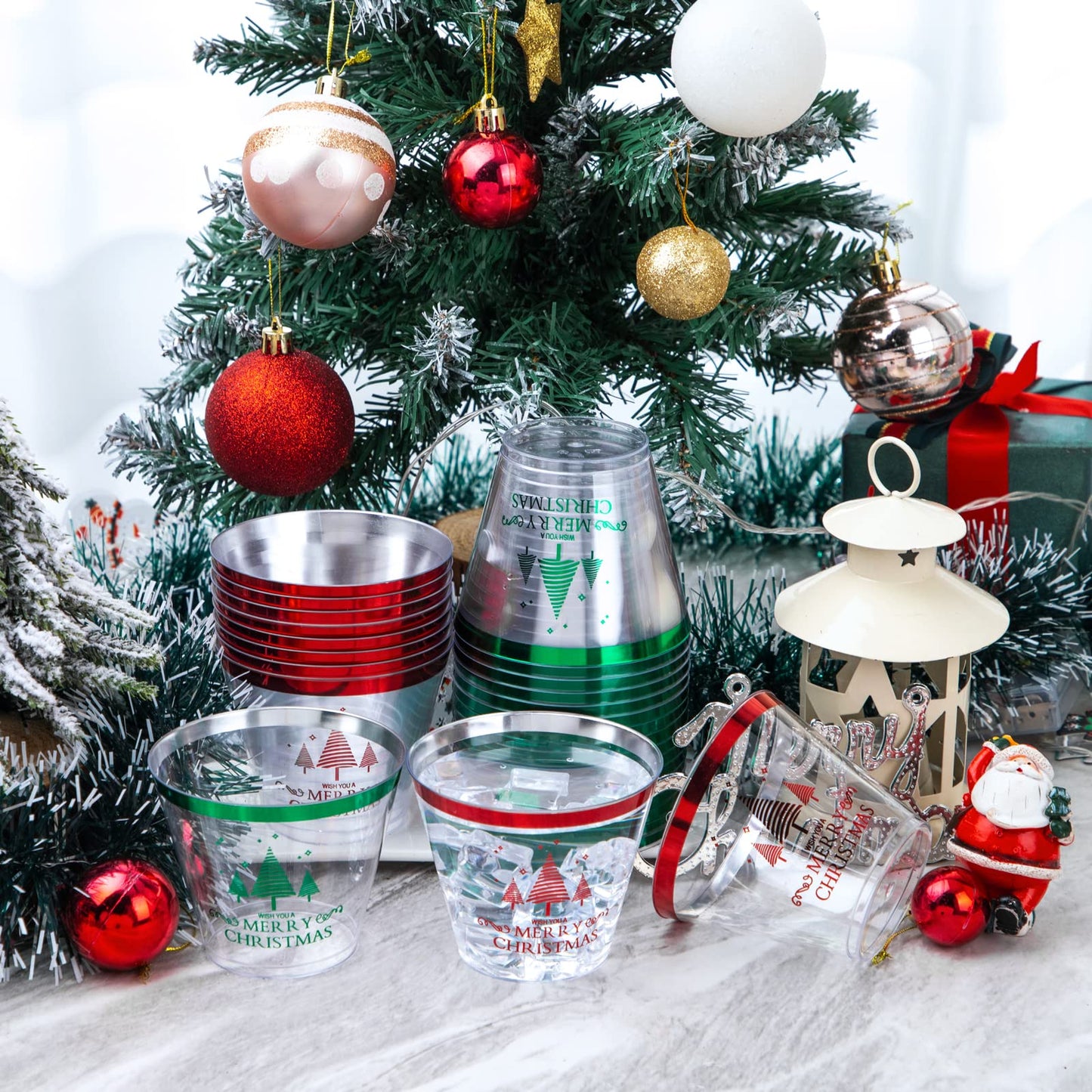 LUODA 60PCS 9 oz Christmas Party Cups, Merry Christmas Plastic Cup,Red and Green Edge Xmas Disposable Clear Cup for Party &Xmas Eve Decoration