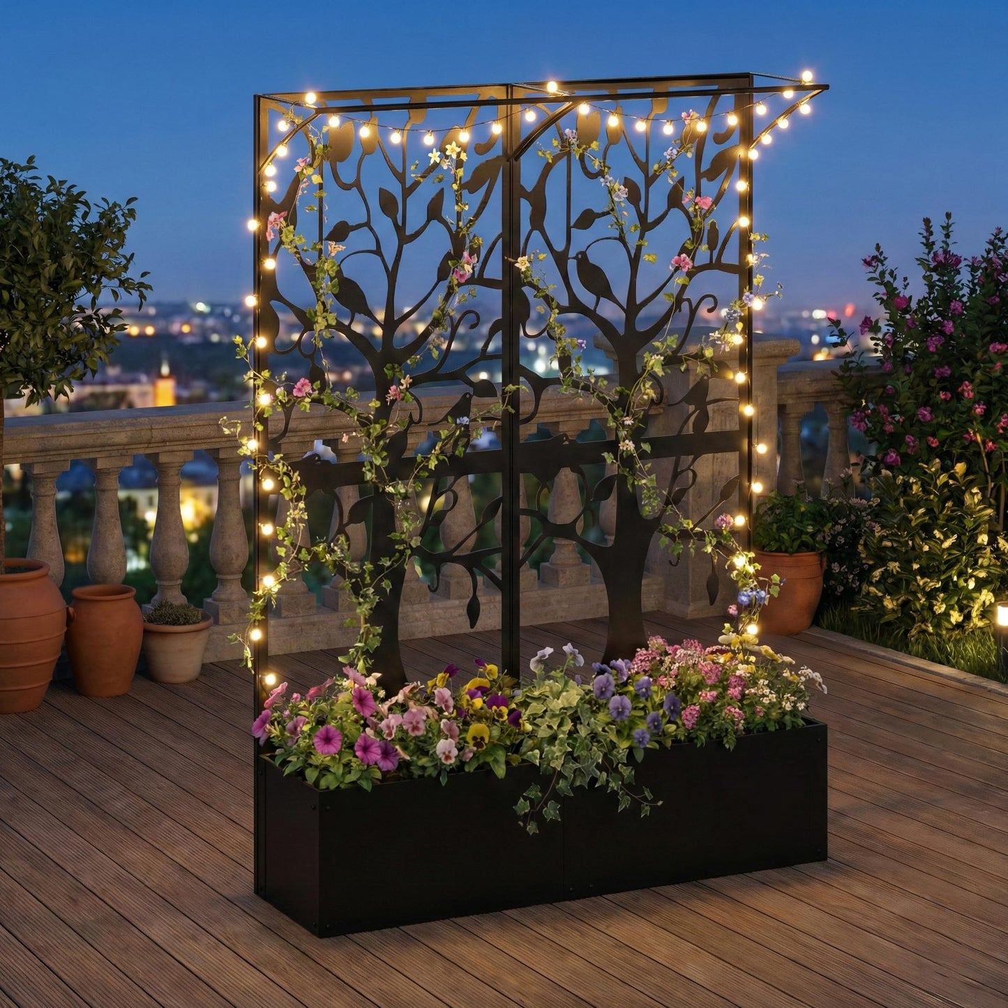 Furtivusia Metal Planter Box with Trellis, Tall Raised Garden Bed for Patio, Outdoor Privacy Planters for Climbing Plants, Vegetables, Fruits, Balcony, Outside, 62.4 x 12.2 x 44.6 Inch, Black