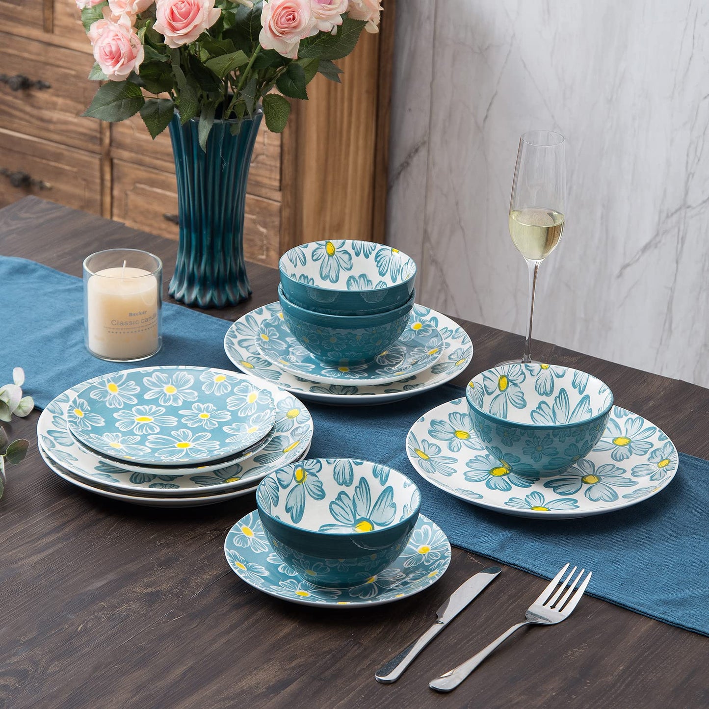 SAGOSKAT 12-pieces Dinnerware Set Ceramic Dish Set Plates Sets Service for 4, Bowl Sets, Stoneware Dinnerware Sets, 12pcs Plate and Bowl Set for kitchen