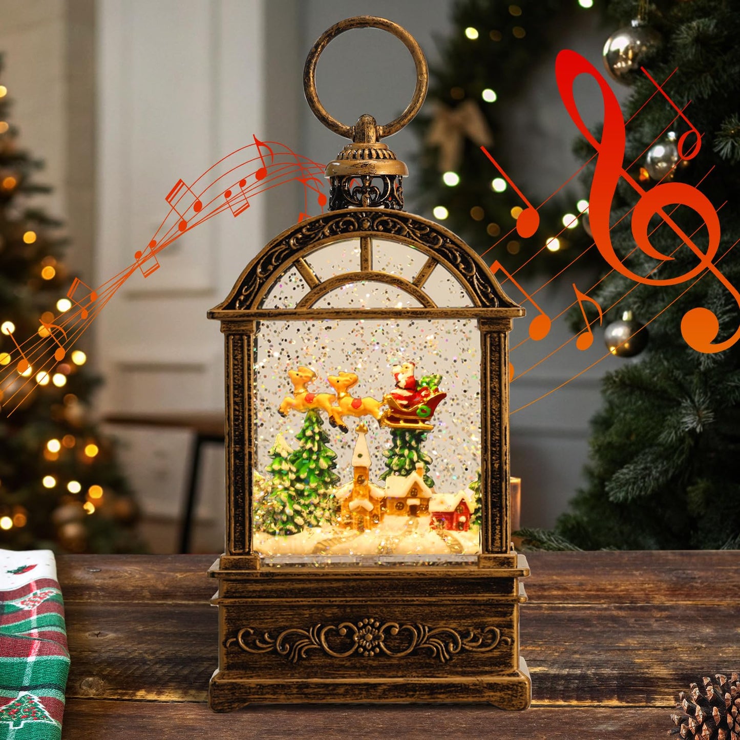Snow Globe Christmas Lantern Decorations - 9.8”USB Plug-in & Battery Operated Music can be Turned Off，Portable Creative Water Glitters Lighted Music Christmas Snow Globe Lantern for Christmas Decor