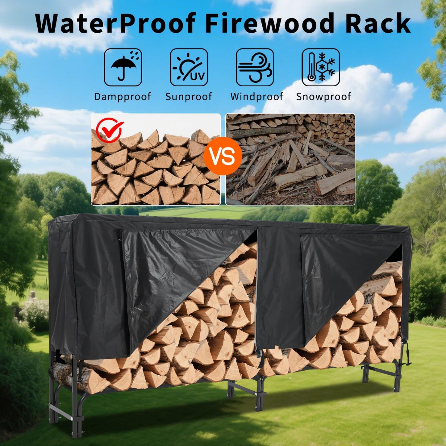 MERXENG 8ft Firewood Rack Holder with Cover, Heavy Duty Fire Log Stacker Stand for Fireplace, Outdoor Indoor Metal Wood Pile Storage Organizer, Patio Logs Stand tool, Black