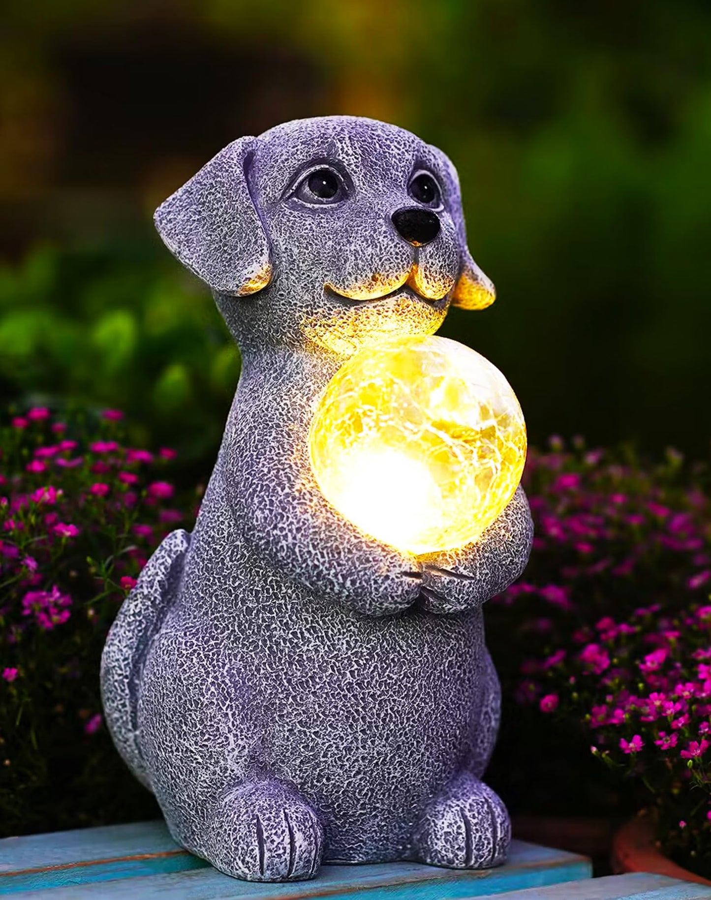 Tiejiajiang Dog Garden Statues - 8.4 Dog Decor with Gazing Ball LED Lights, Unique Gifts for Mom Grandma Birthdays, Outdoor Decor for Outside Lawn Porch Patio (Gray)
