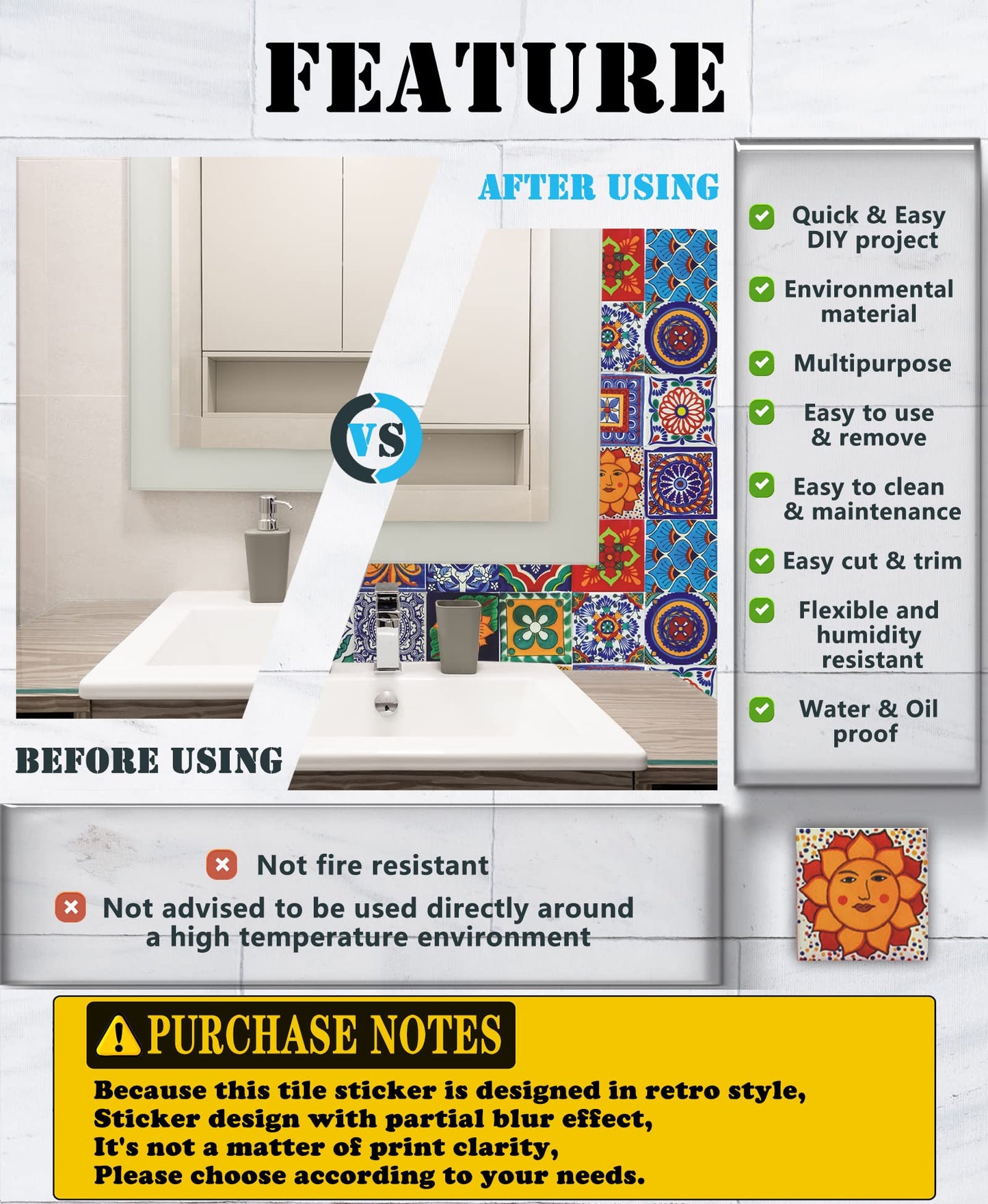 Tile Stickers Wall Decor Bathroom Kitchen Wall Sticker Waterproof PVC Decoration Stickers - 2D Sticker with Retro Design in Mosaic Style (Style-1, 4 x 4 Inch)