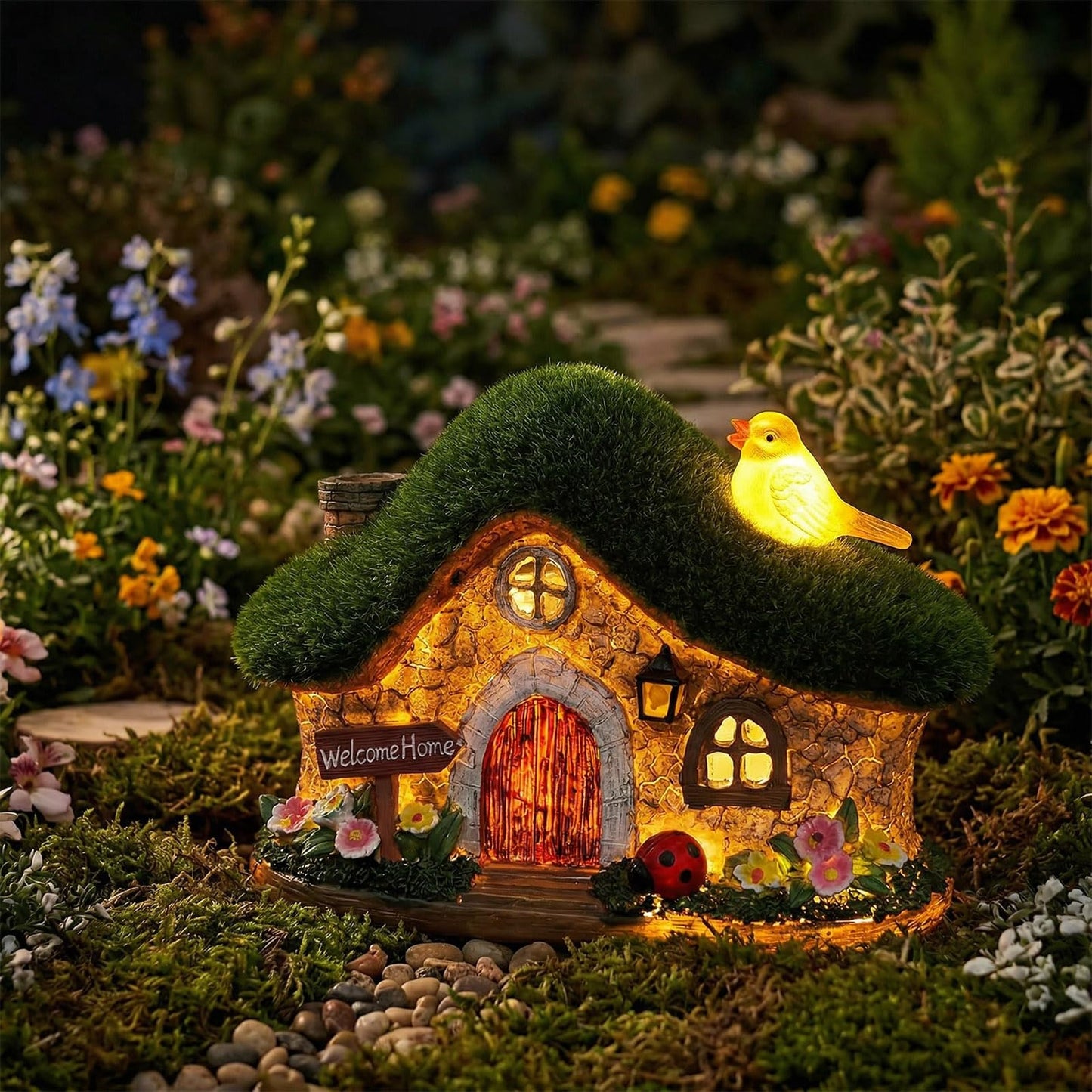 EKQ Resin Fairy House Statues with Solar Lights Outdoor for Garden Decor Funny Birds Ladybird Flocked Fairy House with Garden Figurine Patio Yard Lawn Decorations Gift for Mom Women (Green)
