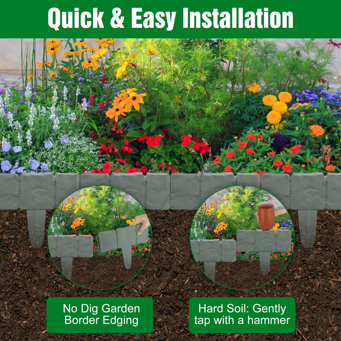 20Pcs Garden Edging Border, 9.8"x 9" Stone Effect Lawn Edging, Landscape Edging Lawn Garden Fence Decorative Landscape Border 16.4Ft Length Landscaping for Lawn Flower Bed Yard, Grey