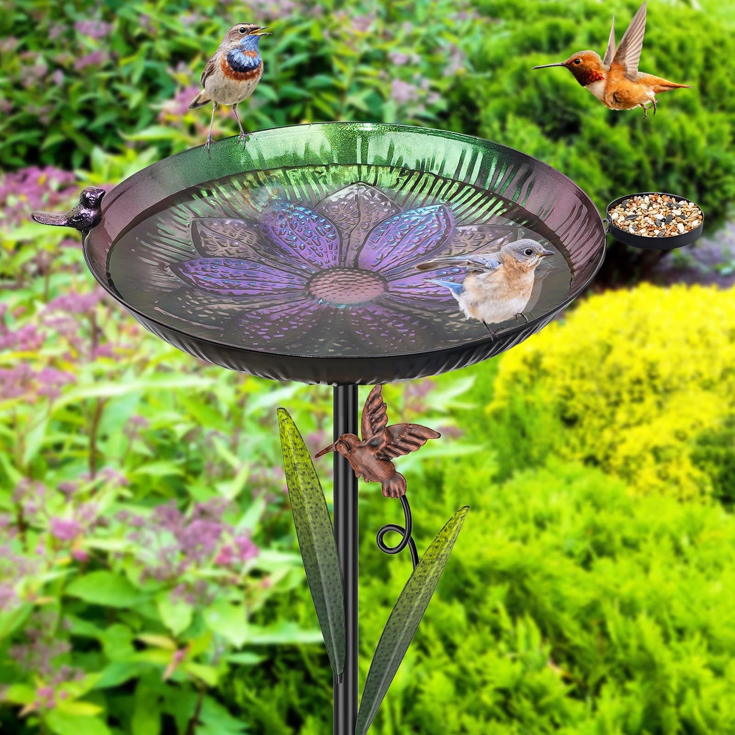 YALINKA 41.5" Metal Bird Bath for Outside, Detachable Birdbath Sturdy 5-Prong Stake Base with Bowl & Decorative Birds, Durable Iron Garden Birdbath & Feeder for Patio Wildlife Décor (Purple to Green)