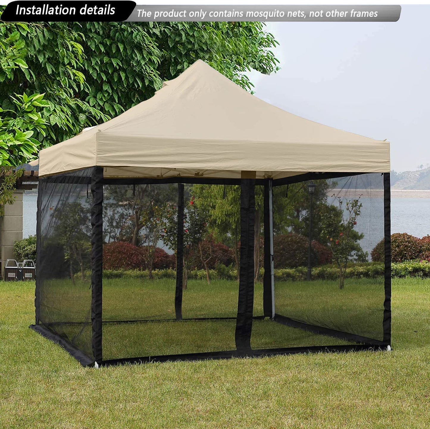 10x10 Mosquito Netting for Patio Canopy Tent/Pop Up Canopy Tent,Double Door Side Screen Easy Installation Black（Only Mosquito Net No Frame） (Embedded 10x10)