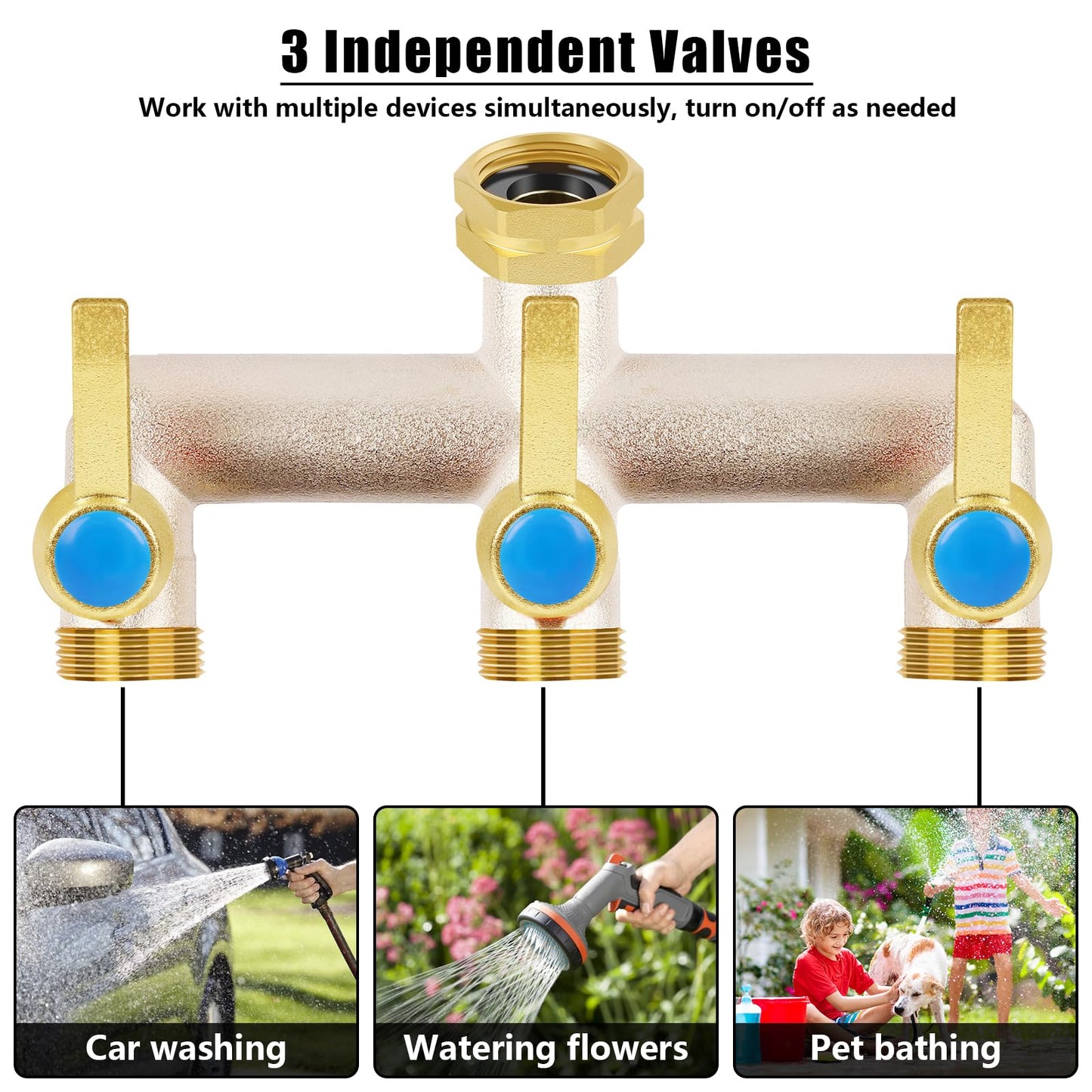 Upgraded Brass Garden Hose Splitter, 3/4" Hose Splitter 3 Way Heavy Duty with Extension Handles, Outdoor Faucet Splitter Water Spigot Splitter with Individual On/Off Valve