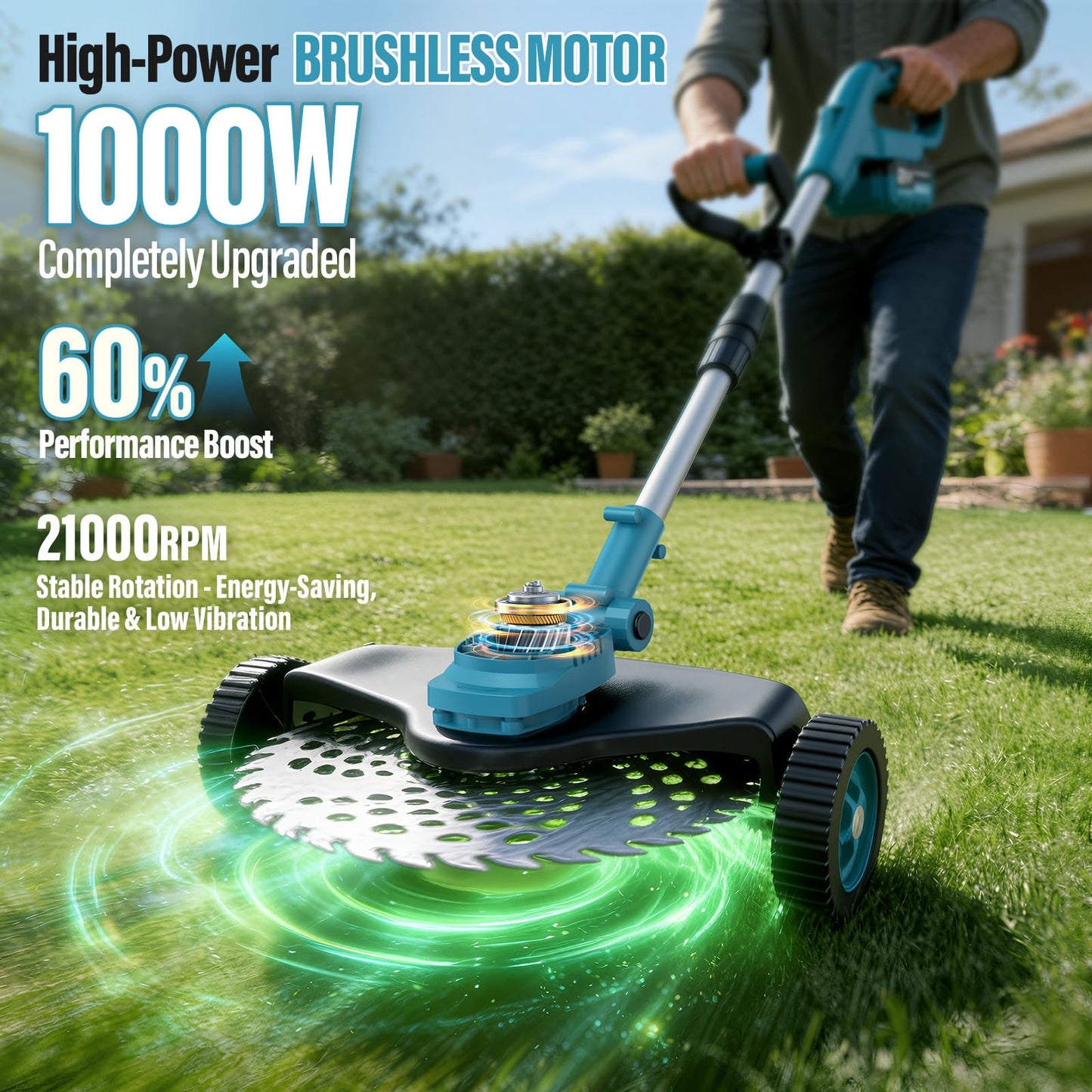 Electric String Trimmer Cordless with Wheel, 1000W Battery Powered Weed Wacker, 2x4.0Ah Batteries, Adjustable Length, 4‑in‑1 Lightweight Grass Trimmer/Brush Cutter/Weed Trimmer/Edger Tool