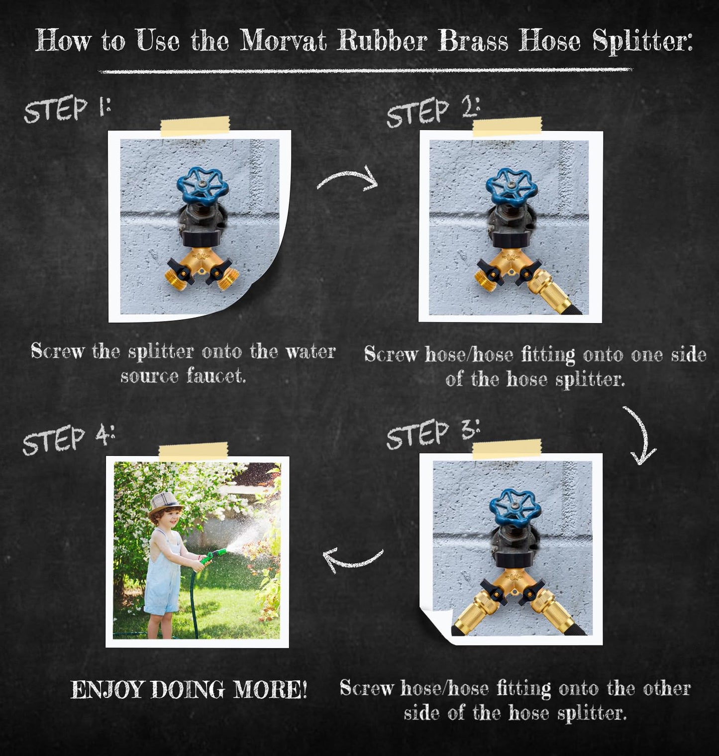 Morvat Garden Hose Splitter with Comfortable Rubber Grip Shut Off Valves, Heavy Duty Brass Connector, Water Tap, Y Splitter, 2 Valves, Outlet, Spigot, Includes Two Extra Washers & Roll of Teflon Tape