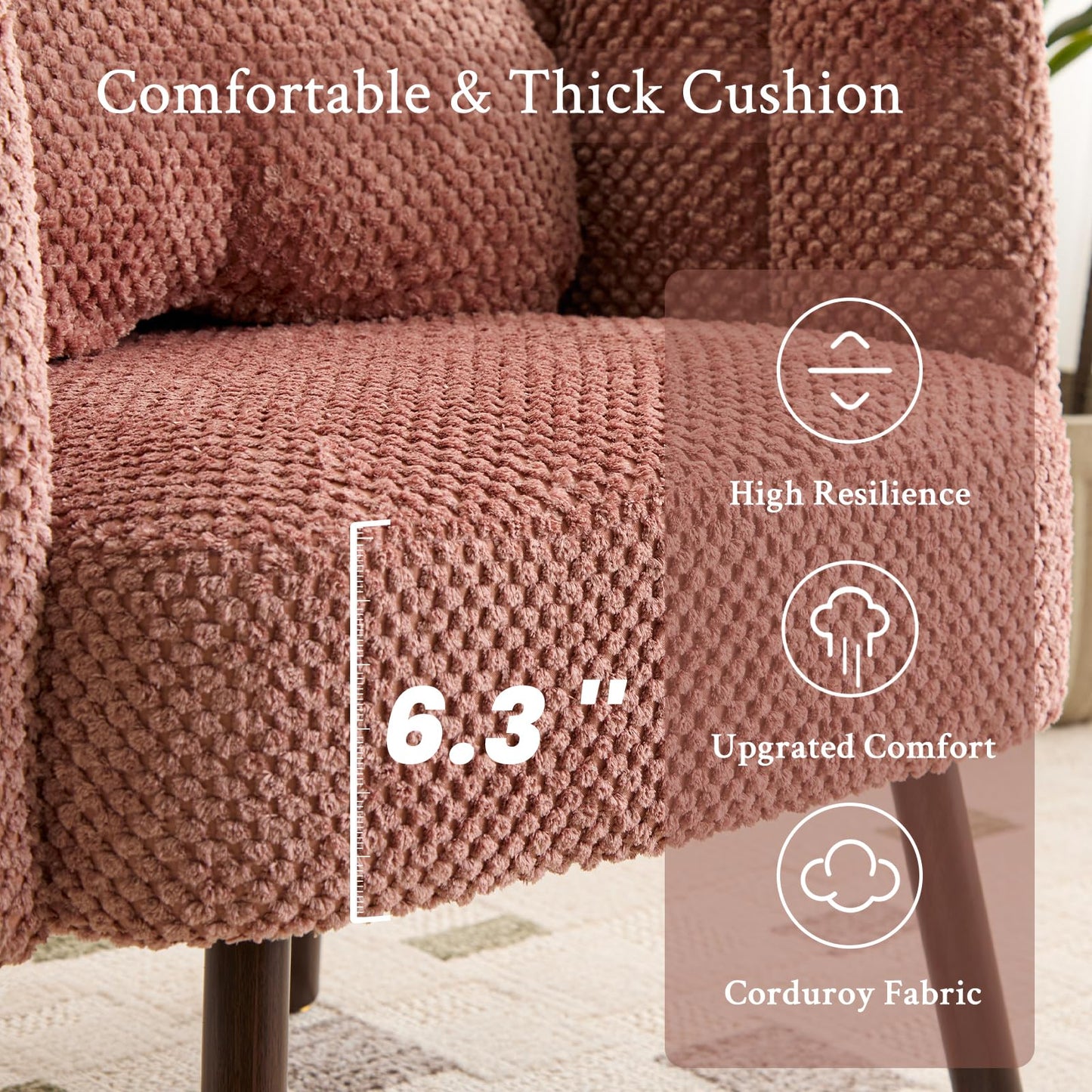 Furniliving Pink Vanity Chair, Velvet Accent Chair for Living Room, Shell Chairs with Wooden Legs, Makeup Chair for Bedroom, Armchair Cute Petal Reading Chair with Pillow