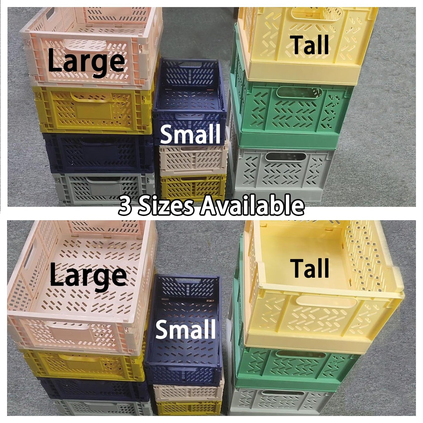 Domiella 2-Pack Crates for Storage, Storage Crates Plastic Stackable, Foldable Crate for Office Home Kitchen Bedroom Bathroom (Large, Golden Yellow)