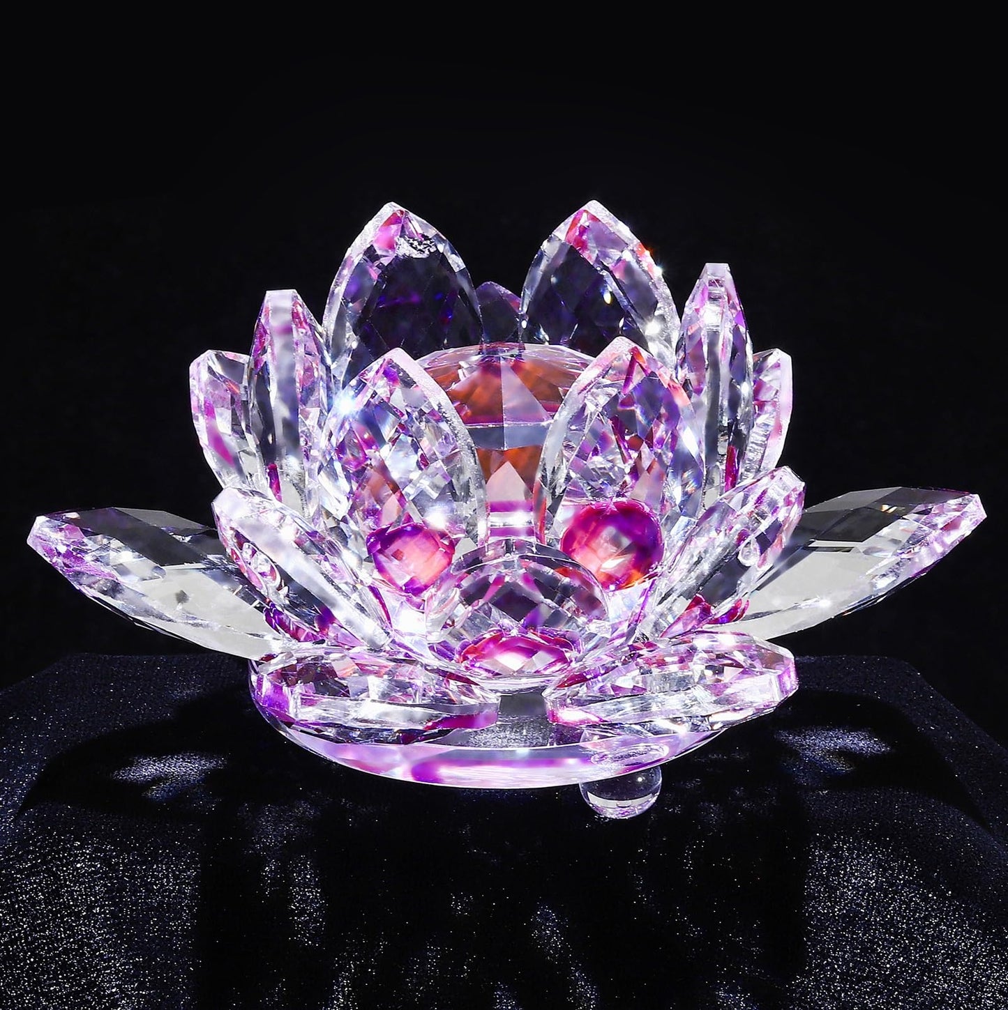 TENGFENG Sparkle Crystal Lotus Flower - 4'' Hue Reflection Clear Crystal Lotus for Feng Shui Home Decor Sun Catcher Ornaments or Paper Weight with Gift Box (100MM) Transparent Purple