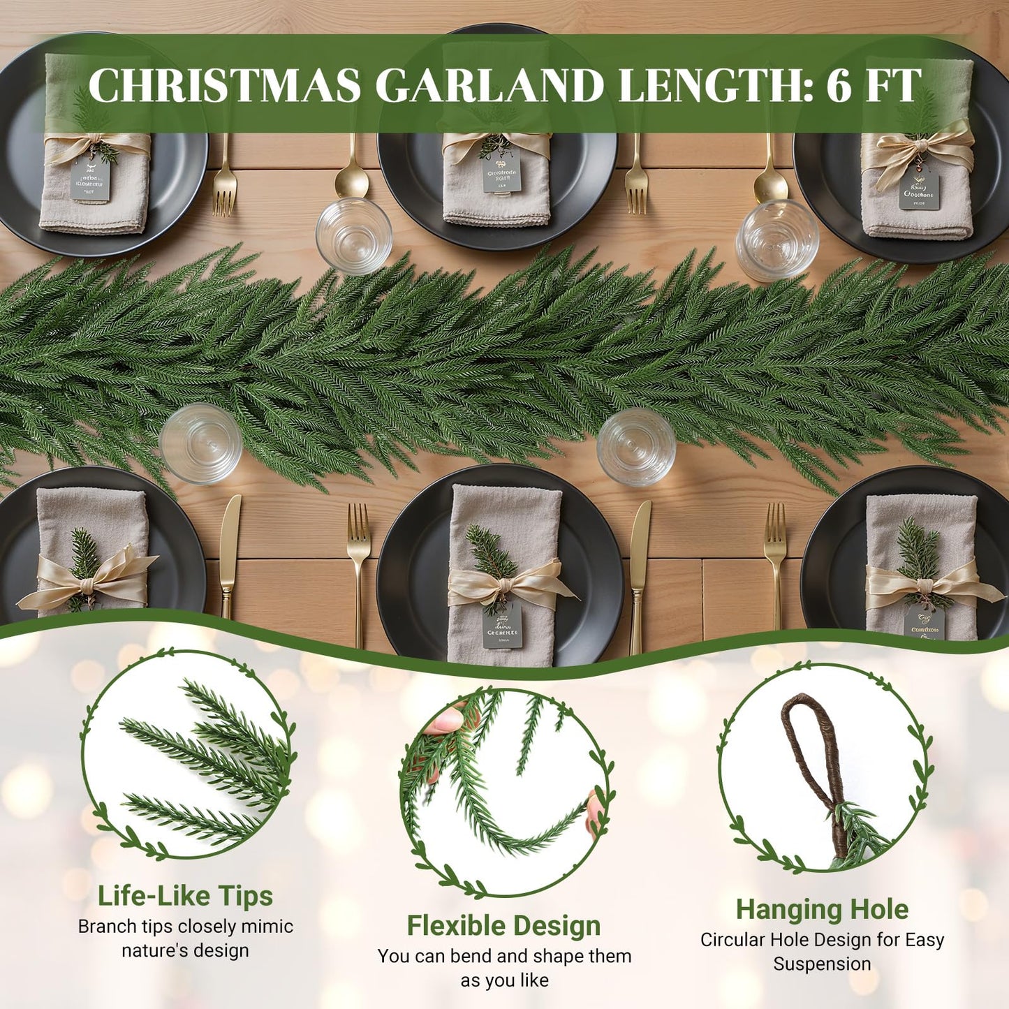 6ft Artificial Christmas Garland, Real Touch Norfolk Pine Garland - Pine Garland, Greenery Christmas Garland for Mantle, Table, Fireplace, Indoor, Outdoor Christmas Decorations