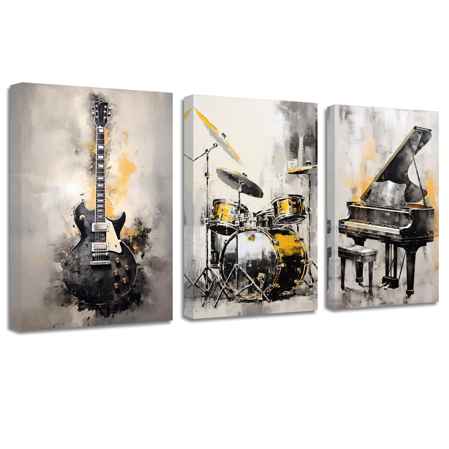 QIXIANG Music Canvas Wall Art for Music Lover Gift 3 PCS Black and Gold Guitar Piano and Drum Set Picture Prints for Music Studio Home Decor Framed (A, 11.00" x 14.00" x3Pcs)