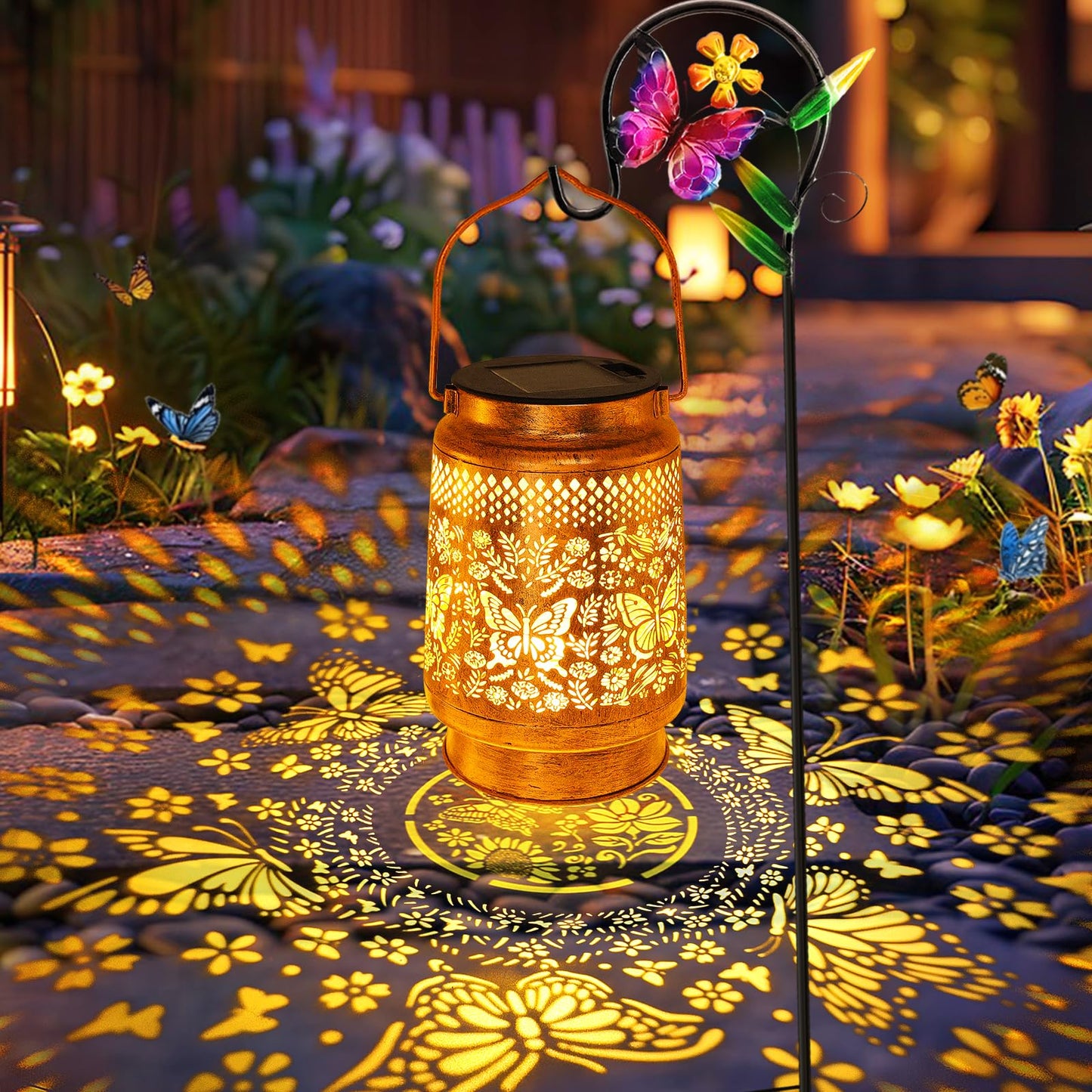Butterfly Solar Lanterns Outdoor with Shepherd Hook, Birthday Gift Mothers Day Gift for Women Mom Grandma Wife Daughter, Waterproof LED Hanging Lights, Decor for Yard Garden Patio Porch Lawn Tabletop