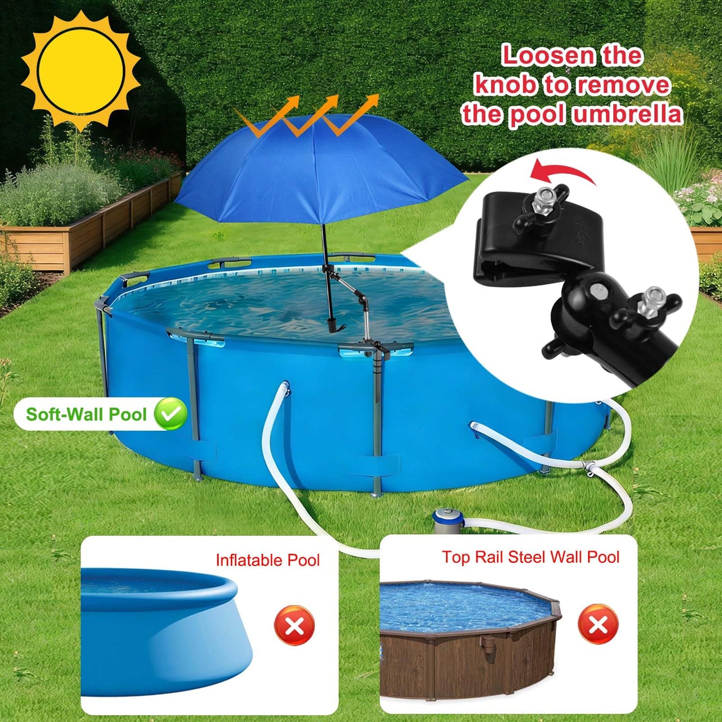 1Pack Pool Shade Umbrella, 49.2'' Large Adjustable Above Ground Pool Sunshade Canopy with Clamp 360°Swivel UPF 50+ Portable Weatherproof Patio Umbrella for Swimming Pool Outdoor Garden Beach Chairs