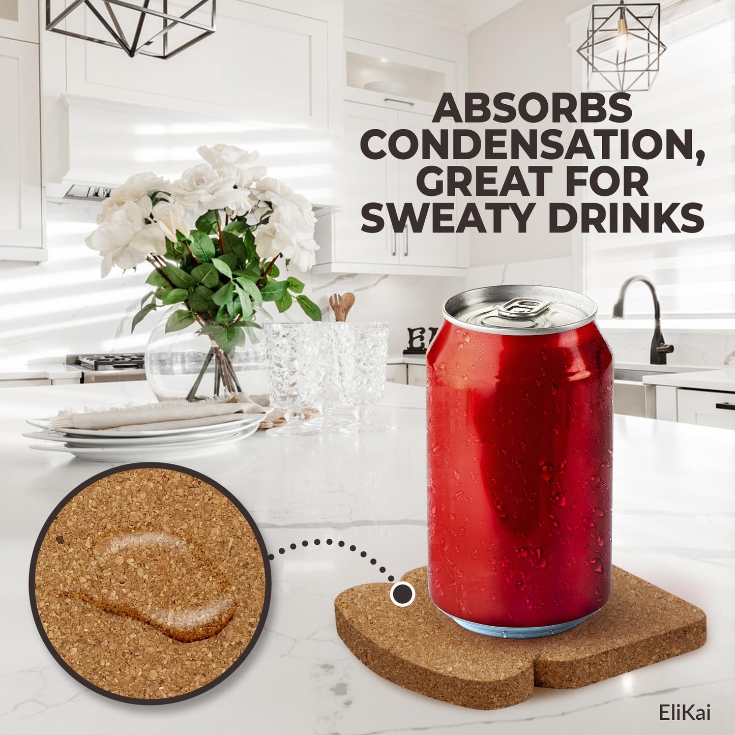 ELIKAI Cork Coasters for Drinks - Funny Coasters for Coffee Table, Absorbent Cork Coaster Set with Holder, Heat-Resistant Hot Pads for Kitchen, Ideal Housewarming and Birthday Gift, Set of 4