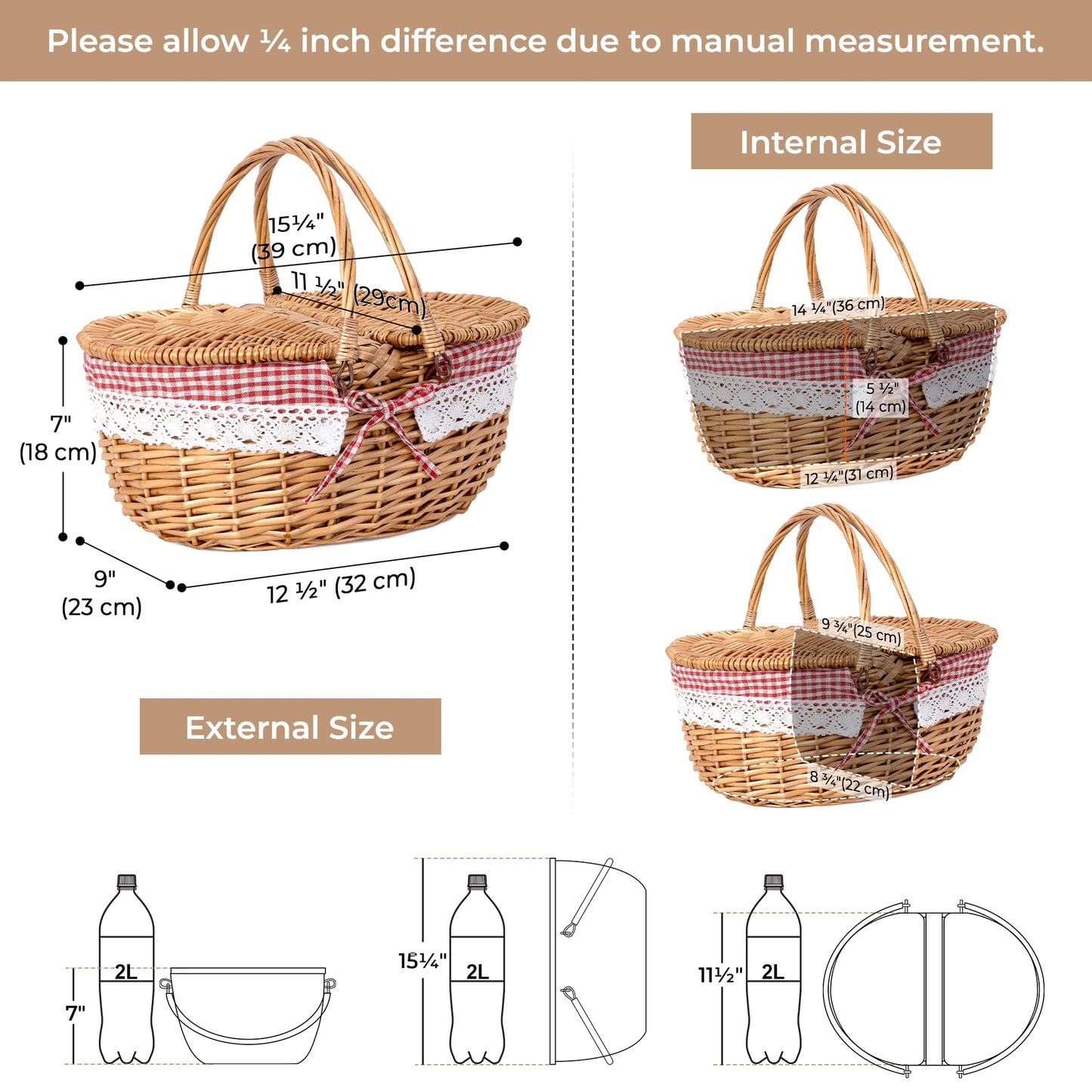 GRANNY SAYS Picnic Basket, Wicker Basket with Lid, Woven Cute Basket with Handle, Storage Basket with Washable Lining & Dual-Flid Lid, Natural Willow Picnic Hamper, Red Lining