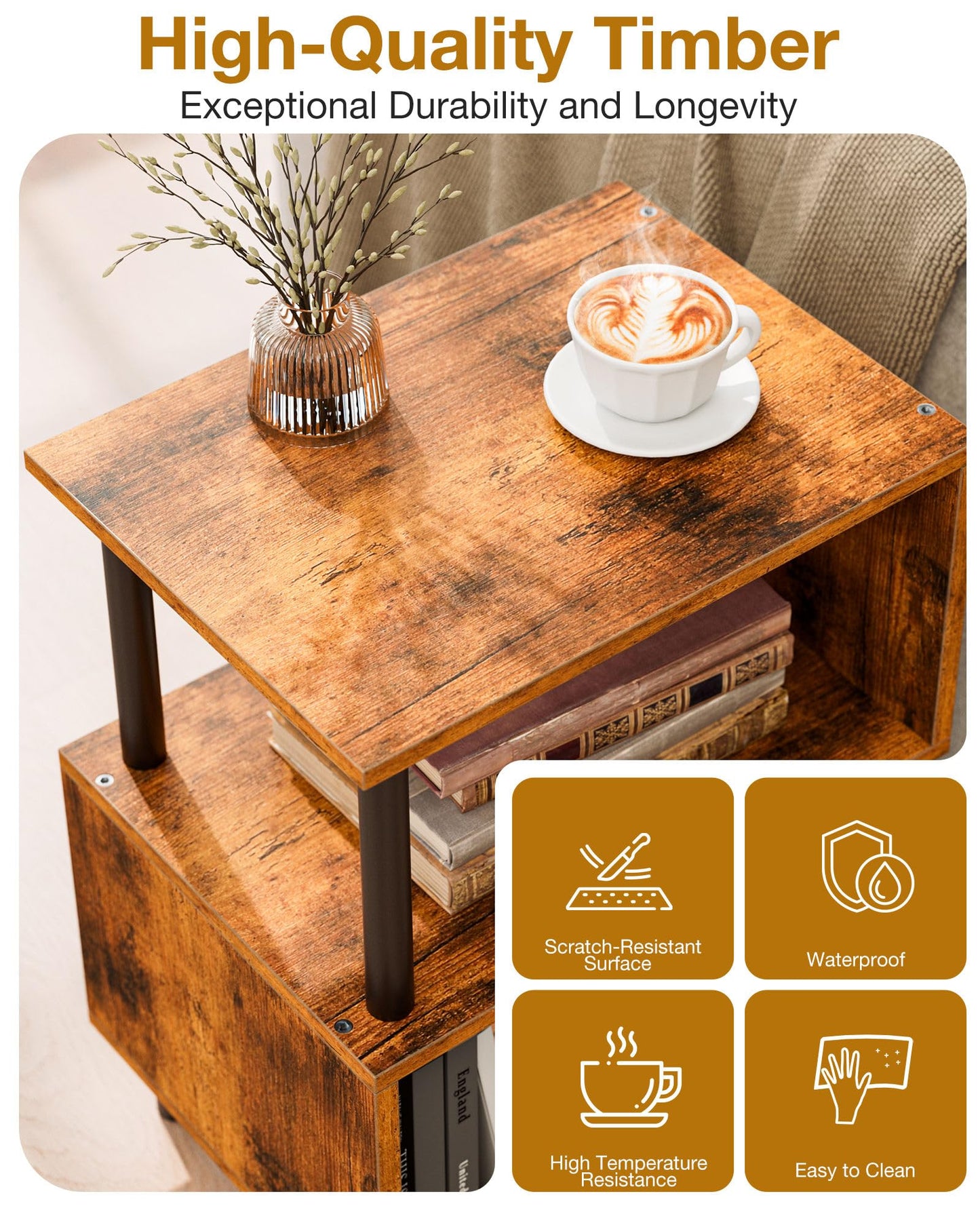 Frylr Small Side Table, End Table and Nightstand with 3-Tier Wood Shelves, Sturdy Metal Frame with 44 LBS Capacity per Shelf, Easy to Assemble for Living Room or Bedroom,Rustic Brown