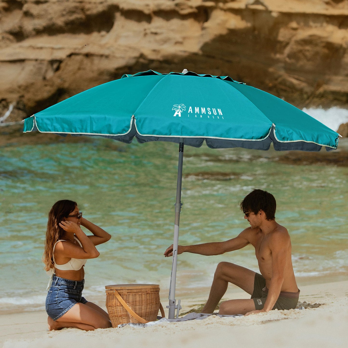 AMMSUN 8 Feet Large Beach Umbrella with Sand Anchor Heavy Duty High Wind Portable Outdoor Umbrellas UPF 50+ Protection Air Vent Tilt Patio Garden Pool Teal