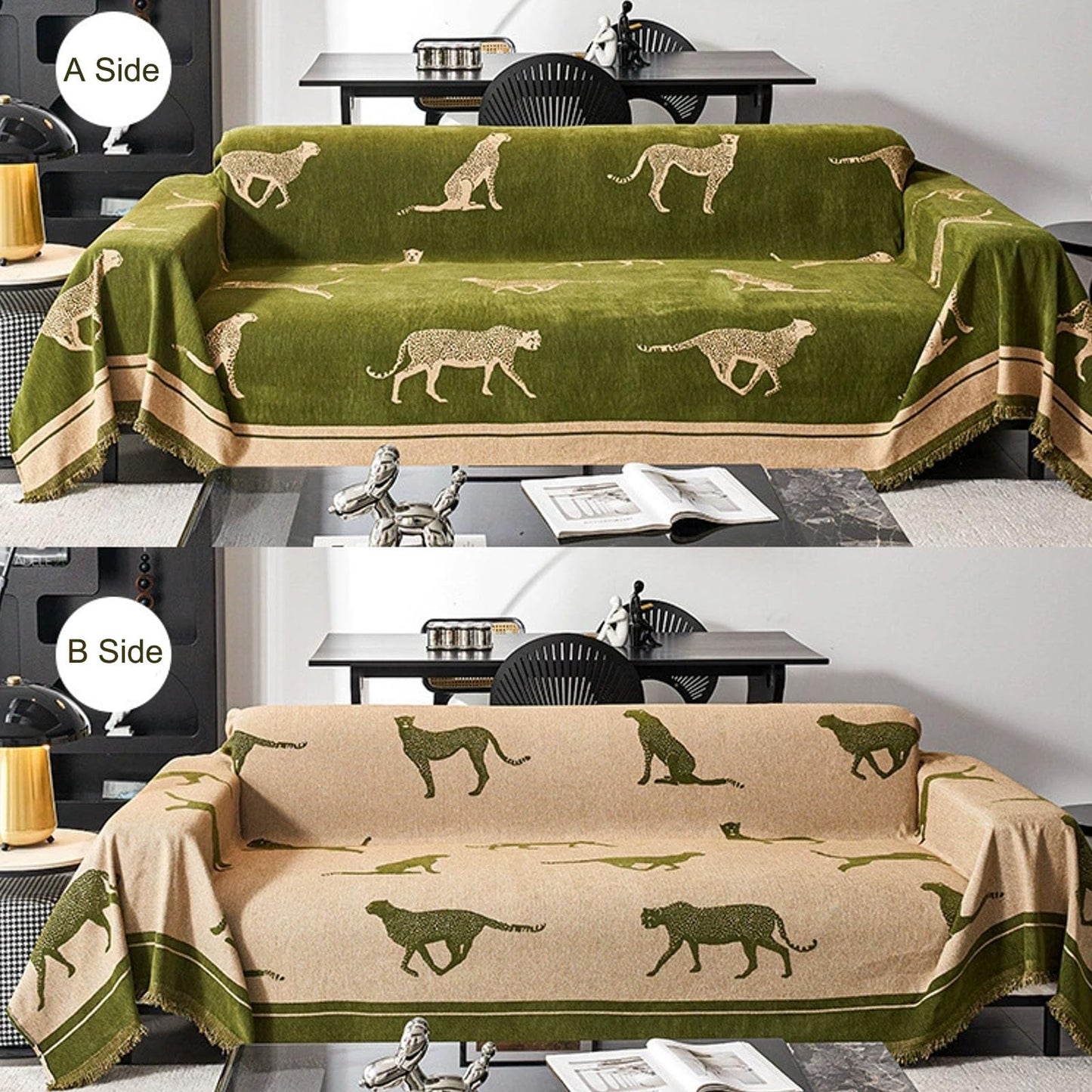 EvaLoome Chenille Sofa Cover with Tassels, Non-Slip Couch Cover for 3/4 Seat Sofas, Washable Furniture Protector for Pets & Kids, Modern Leopard Pattern Chenille Blanket (Green, 71"x165")