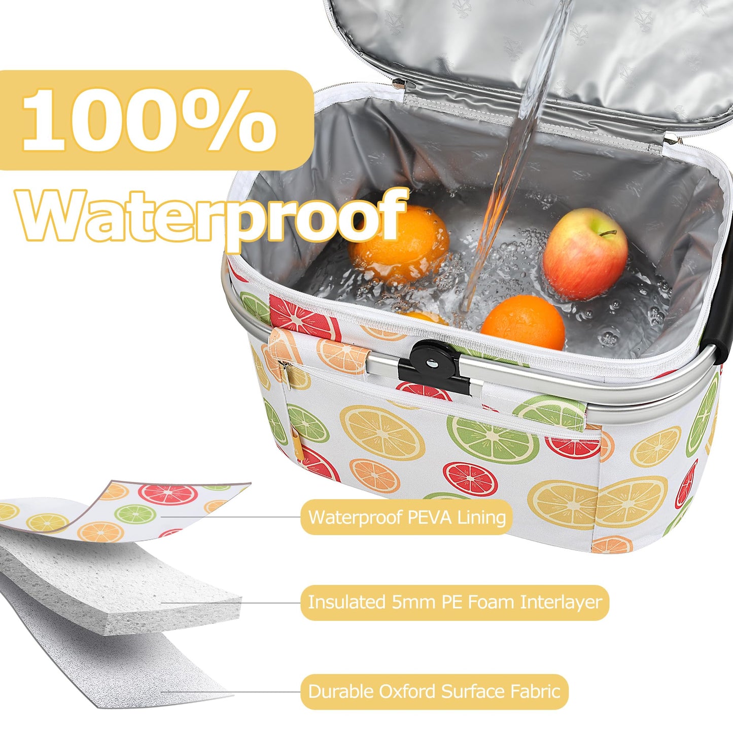 Tirrinia Large Insulated Picnic Basket, 34L Water Resistant & Leakproof Collapsible Portable Cooler Basket Set with Aluminium Handle for Travel, with a Free Foldable Grocery Bag, Yellow Lemon