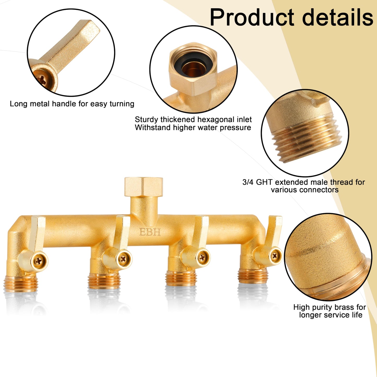EBH Brass Garden Hose Splitter, 4-Way Heavy Duty Hose Splitter, Outdoor Faucet Manifold, with Extended Metal Handle and Individual On/Off Valve Spout, 3/4” GHT Threads