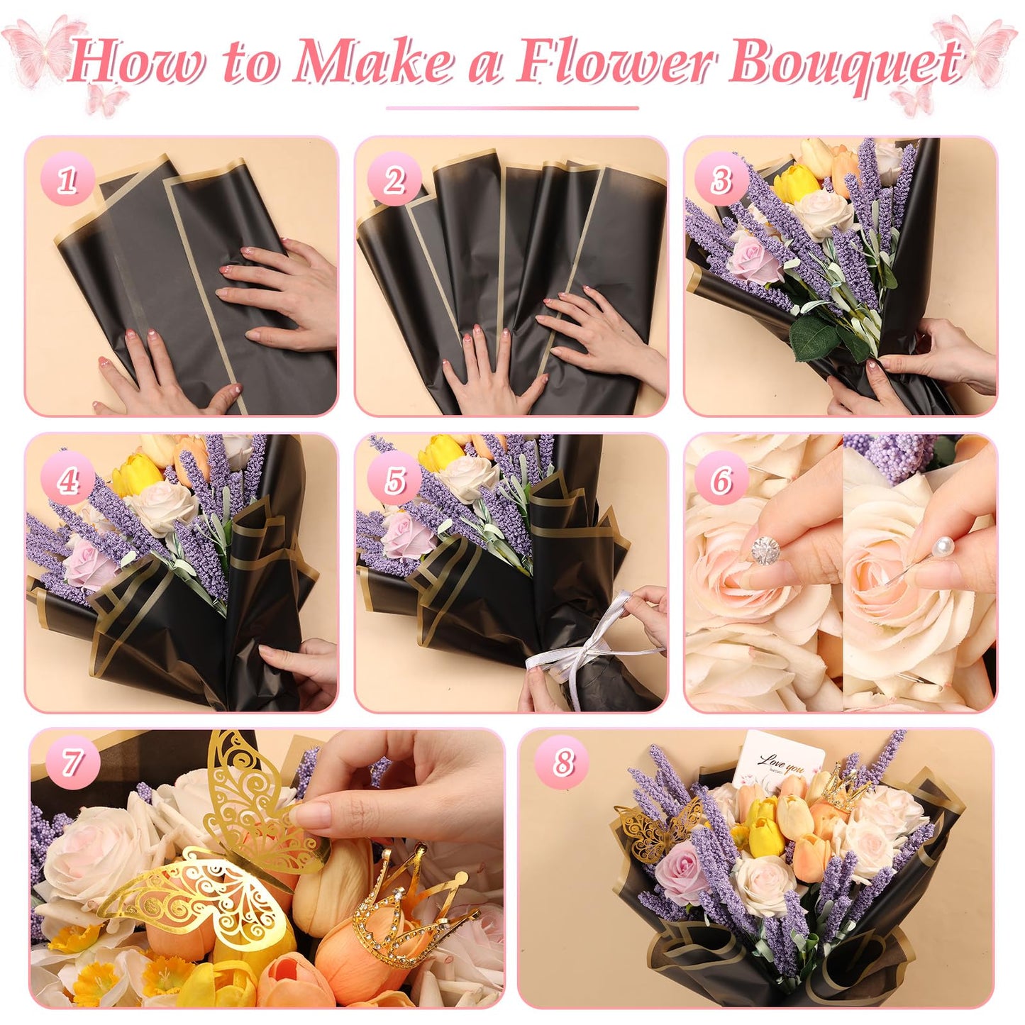 276 PCS Flower Wrapping Paper Bouquet Kit, 30 Sheets Waterproof Floral Wrapping Paper With Ribbons, Flower Pearl Pins, Bamboo Skewers, 3D Butterflies Crowns for Florist Craft Mother's Day Birthday
