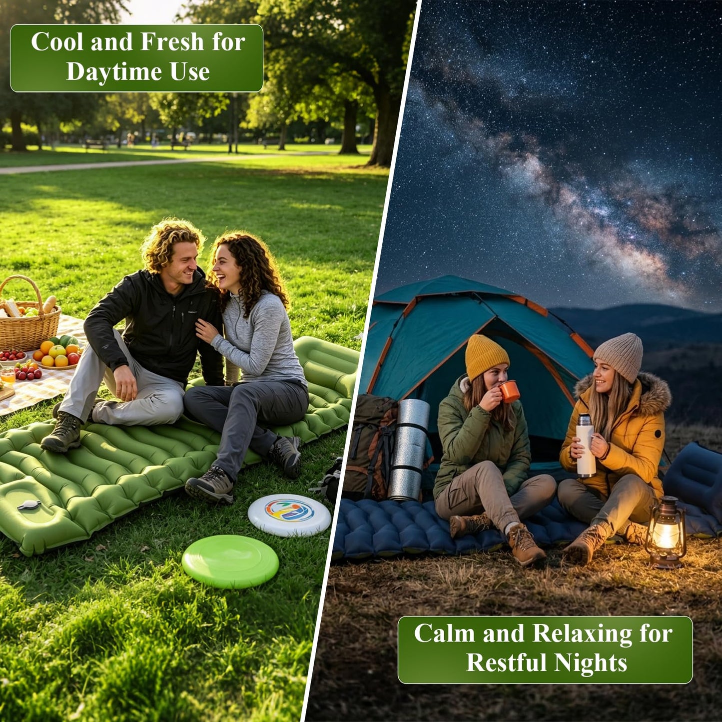 Jnconser Camping Sleeping Pad, Ultralight Inflatable Sleeping Mat with Pillow & Foot Pump, Extra Thick Compact Camping Mattress for Hiking, Backpacking & Tent Use, Dual-Colored Design(Green/Blue)