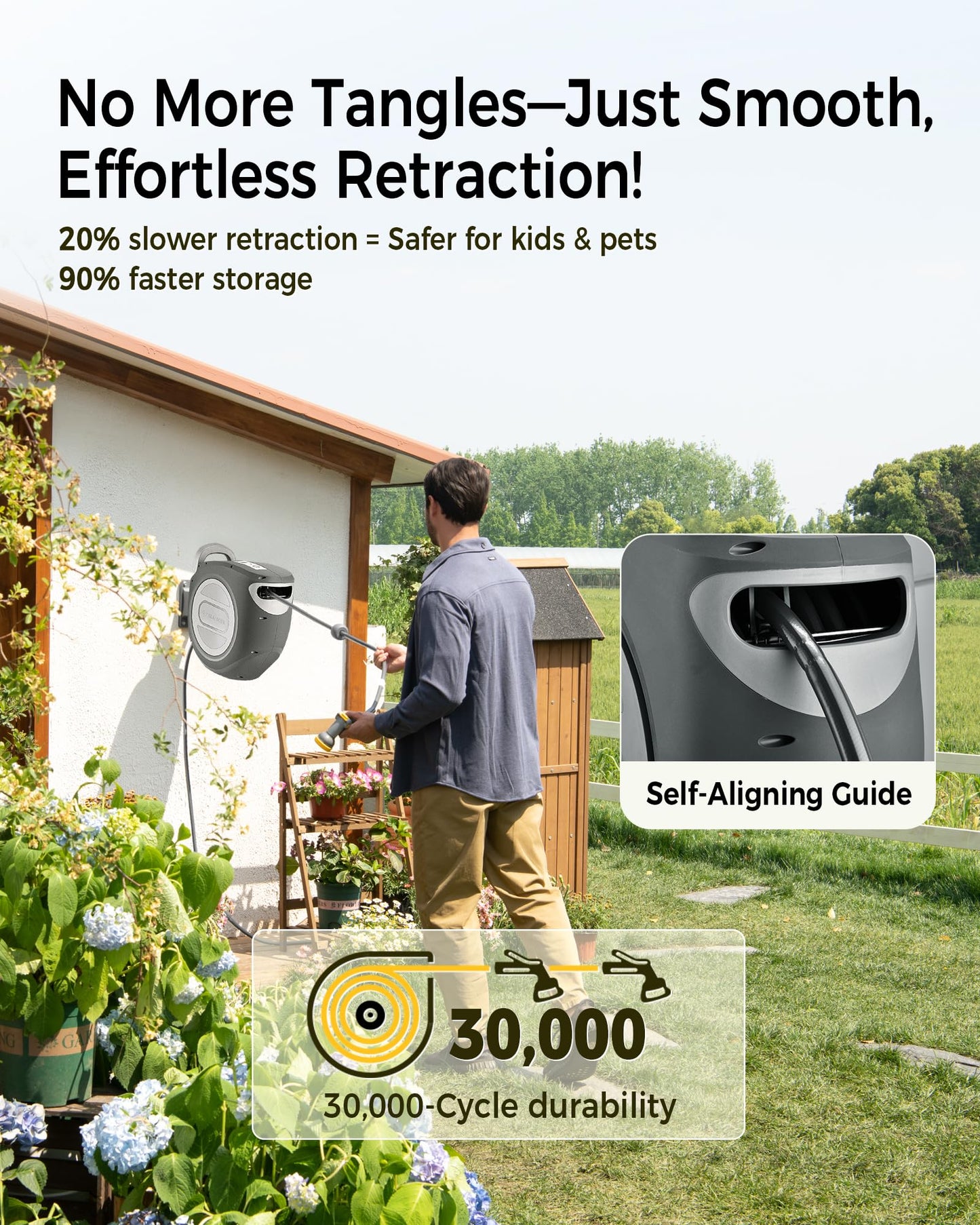 GLAHODEN Retractable Garden Hose Reel 1/2 in x 130 ft Upgraded UV Resistant Heavy Duty Automatic Hose Reel Wall Mount 3/4 in Brass Fitting 9 Pattern Nozzle Any Length Lock Slow Retraction