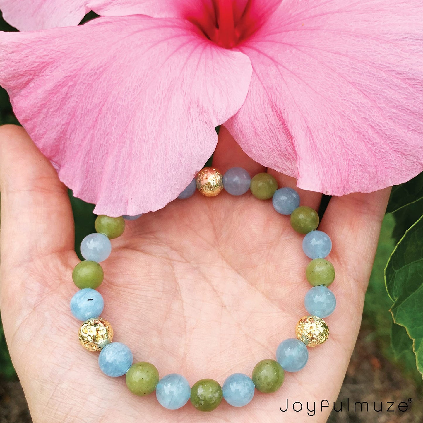 Joyfulmuze Aquamarine Serpentine Stretch Bracelet, Natural Blue and Green Round Gemstone, Handmade Spiritual Jewelry for Women Men, Gold Lava Beads, 17cm length (Aquamarine-Serpentinite-Lava Stone)