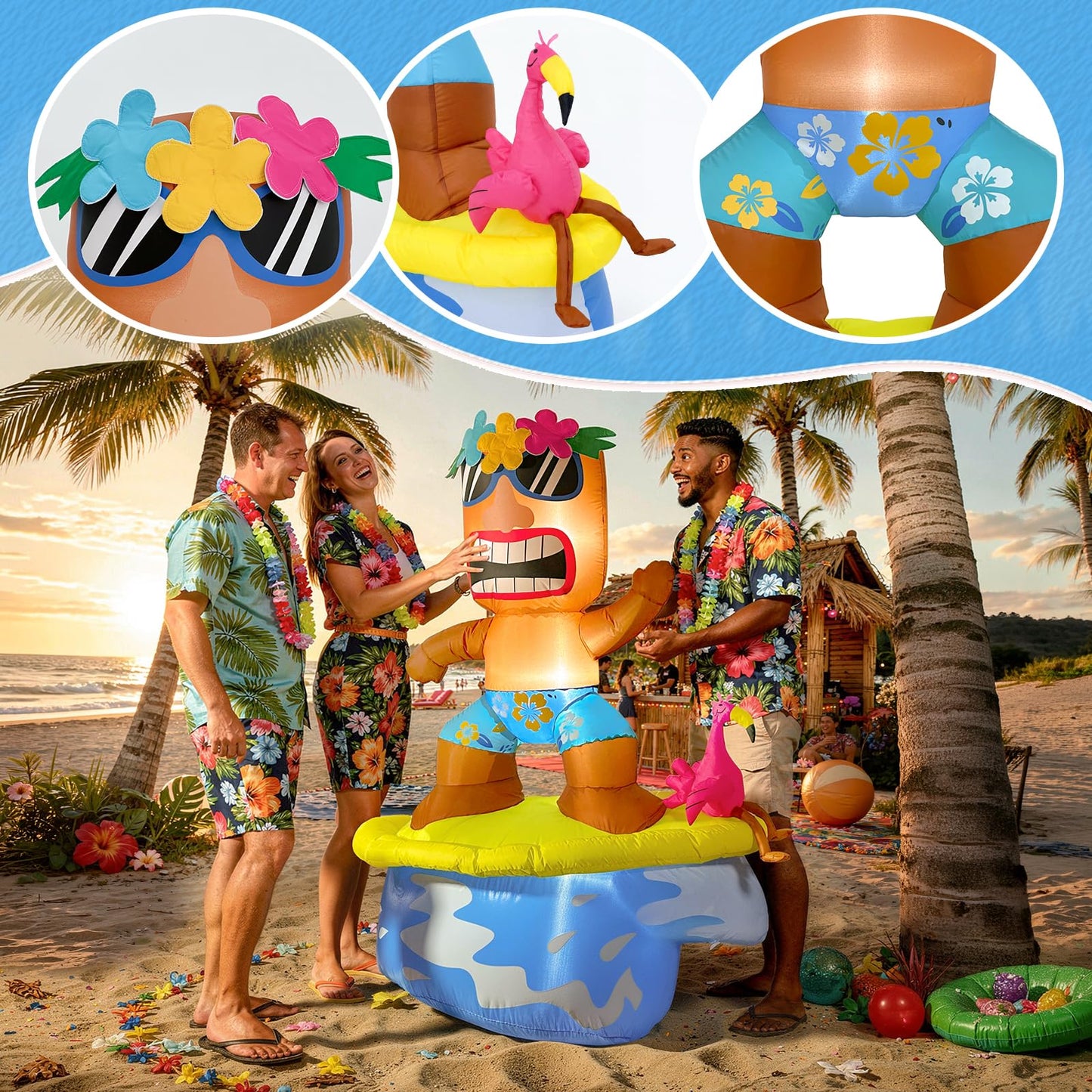 GUDELAK 5FT Flamingo Inflatable Tiki Surfboard Luau Party Decorations, Summer Inflatables Outdoor Decorations with LEDs and Blower, Tiki Blow Up Flamingo for Tropical Beach Pool Summer Yard Decor