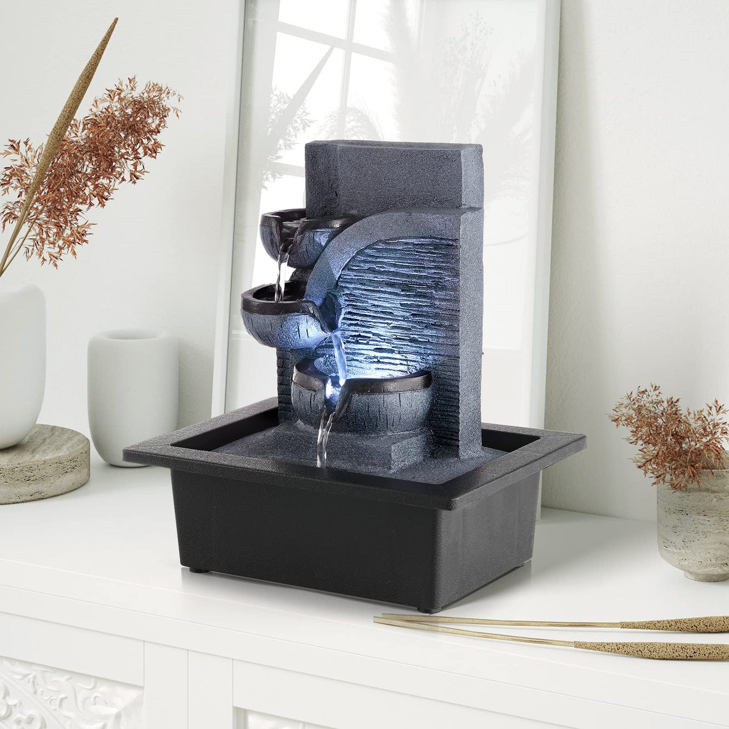 WICHEMI Tabletop Water Fountain with LED Lights Indoor Waterfall Fountains Relaxing Water Feature Indoor Fountains Zen Meditation Desktop Fountain for Home Office Bedroom Decor (Style 6)